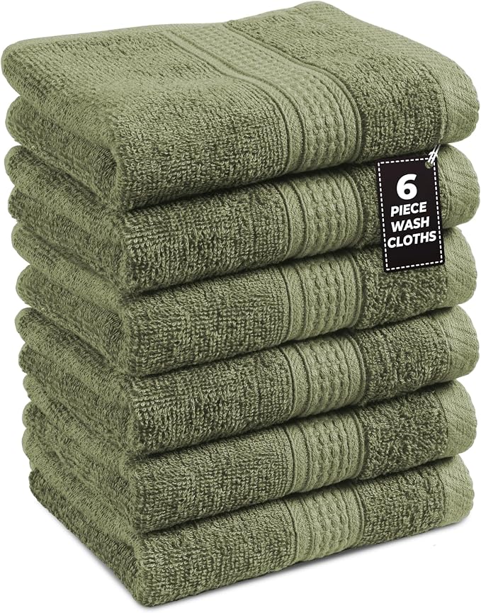 LANE LINEN Cotton Towels for Bathroom - 24 PCs - Highly Absorbent, Durable & Soft - 4 Bath, 4 Fingertip, 6 Hand Towels, 8 Washcloths, 2 Bath Sheets - Family Bundle Pack - Oil Green