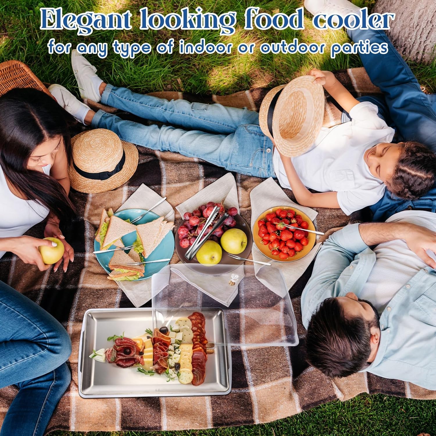 Baderke 1 Set 16" x 9" Chilled Serving Tray for Parties with Compartments and Lid Charcuterie Serving Board Ice Rectangle Chilled Party Platter for Seafood Vegetable Fruit Shrimp Cocktail (Silver)