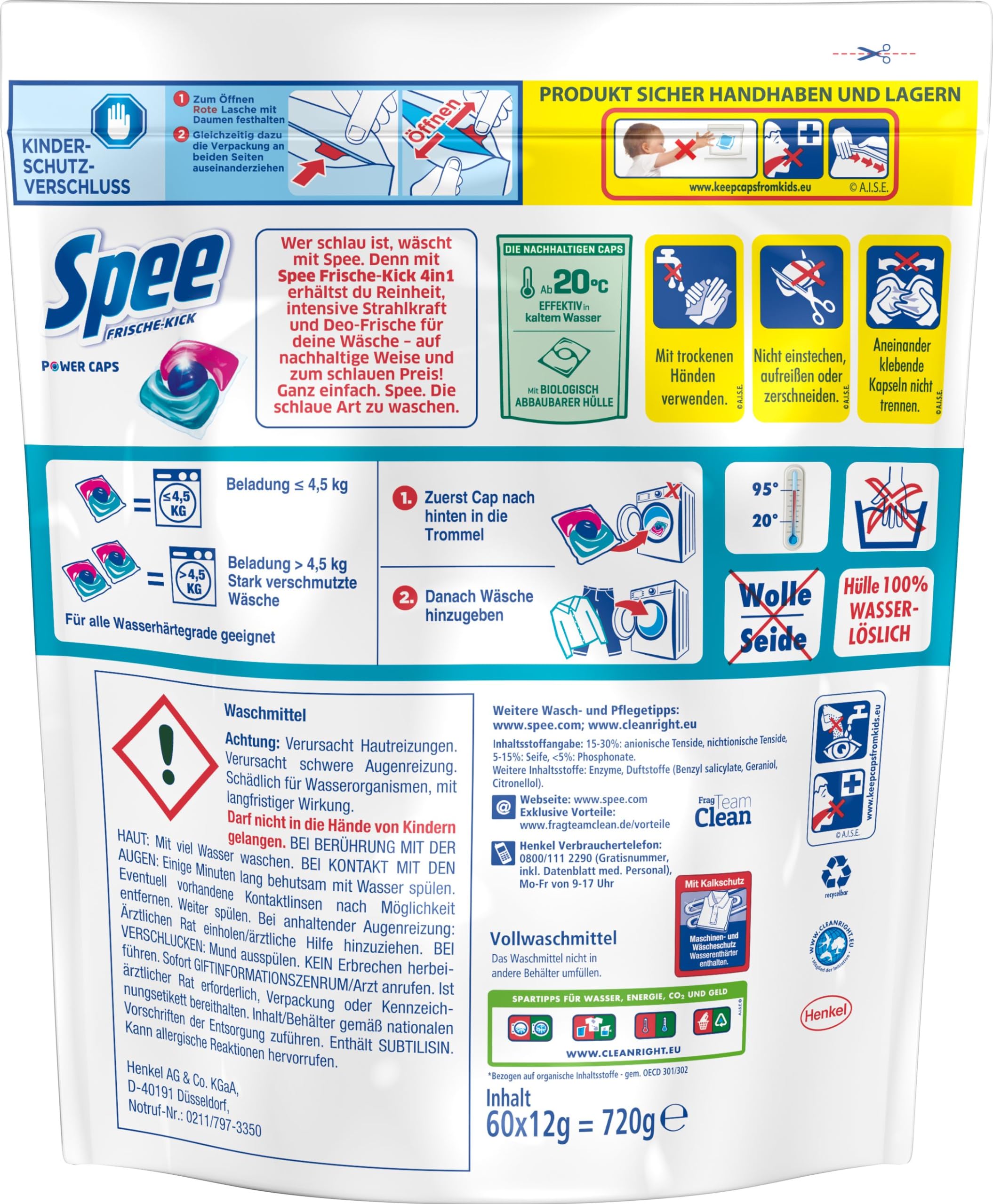 SPEE Power Caps 2x60 (120) WL Frische Kick 24H Deo-Frische Spar Pack, vordosiertes Vollwaschmittel & WC FRISCH Spa Momente Harmonie (1x 50g), langanhaltendes Dufterlebnis