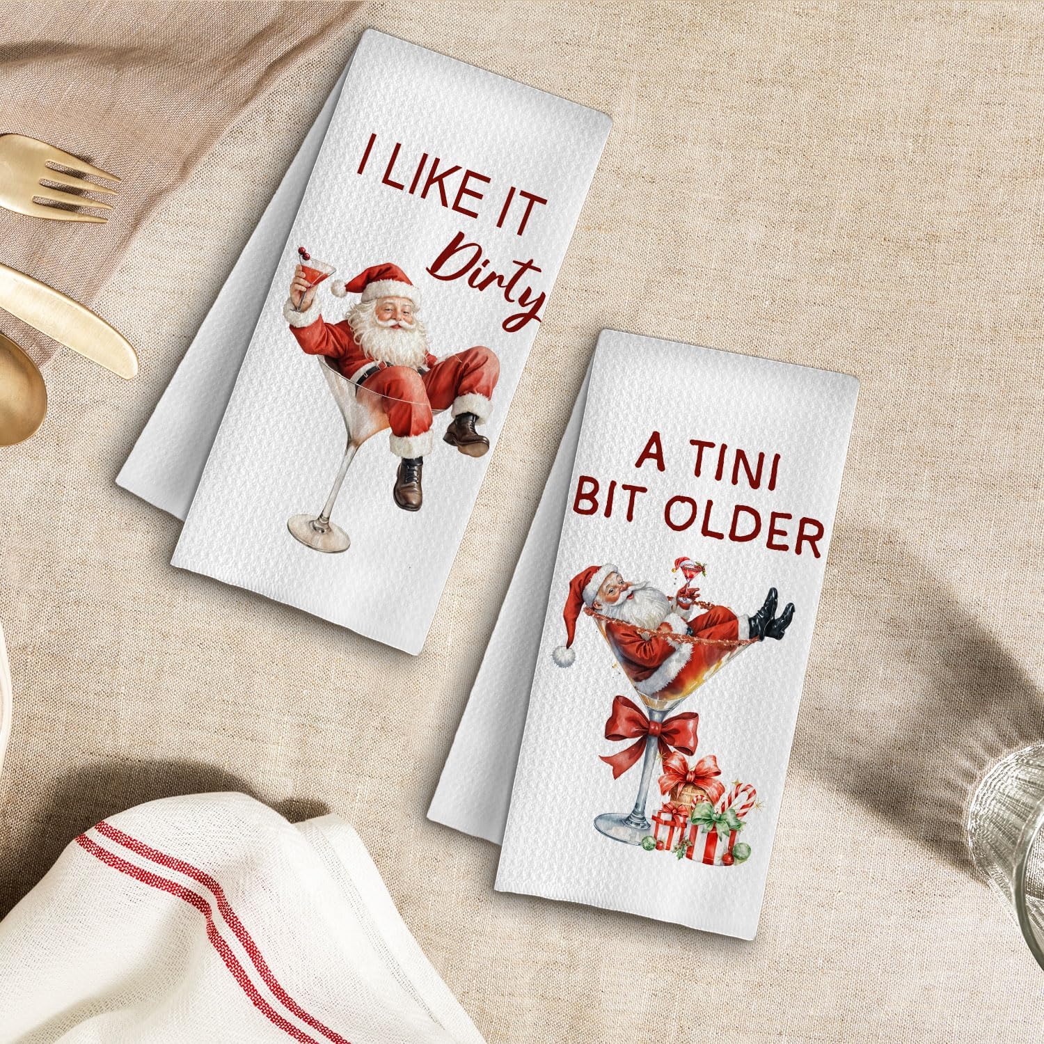 Christmas Dirty Martini Kitchen Towels, Gifts for Martini Lovers Dish Tea Towel for Kitchen Decor, Christmas Santa Claus Cocktail Decorative Hand Towels, 16x24 Inches Set of 2 - Image 4