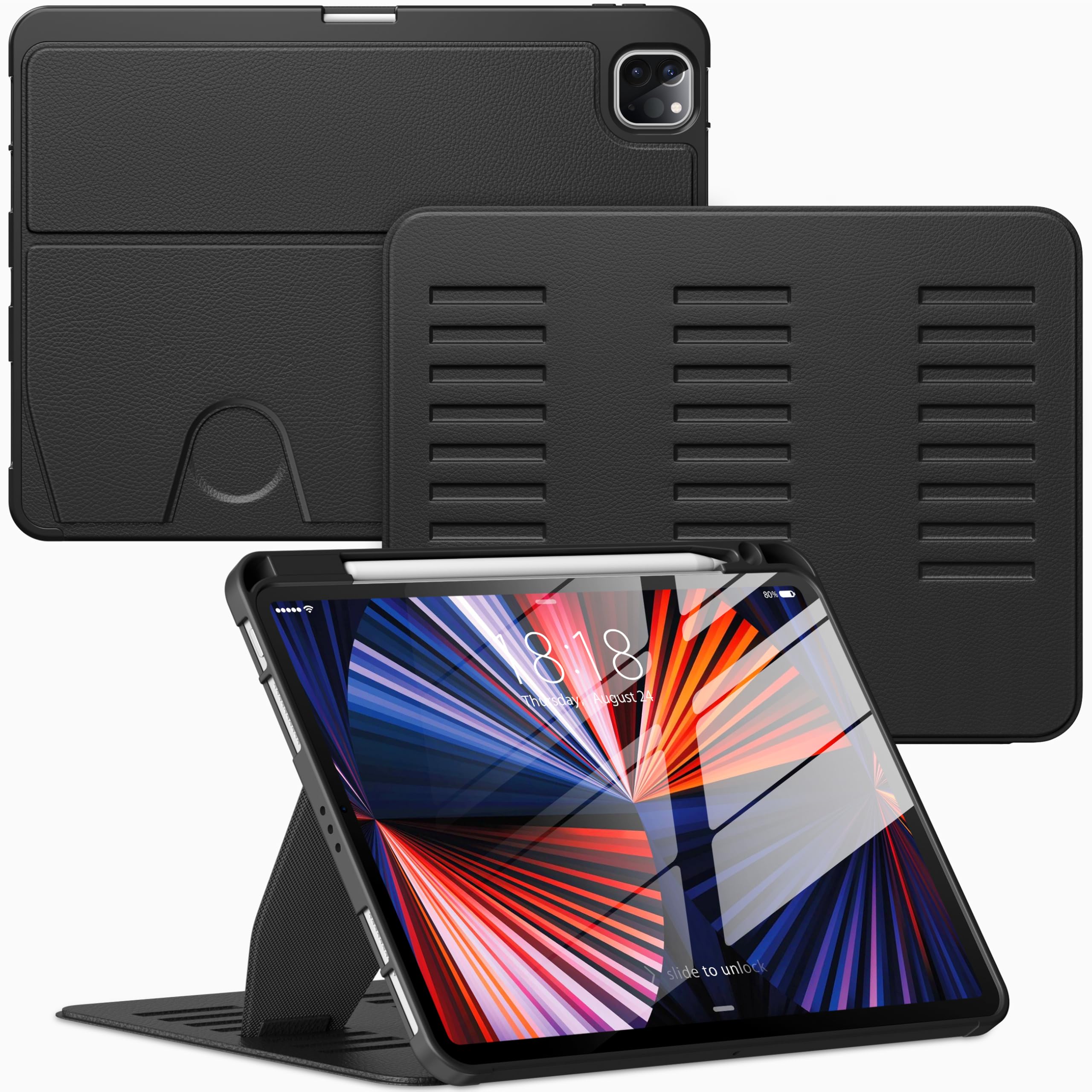 VIKESI Case for iPad Pro 11 Inch 4th / 3rd / 2nd / 1st Generation 2022/2021/2020/2018,Multiple Angles Stand Cover,Soft Back,Pencil Holder,and Auto Sleep/Wake,Black