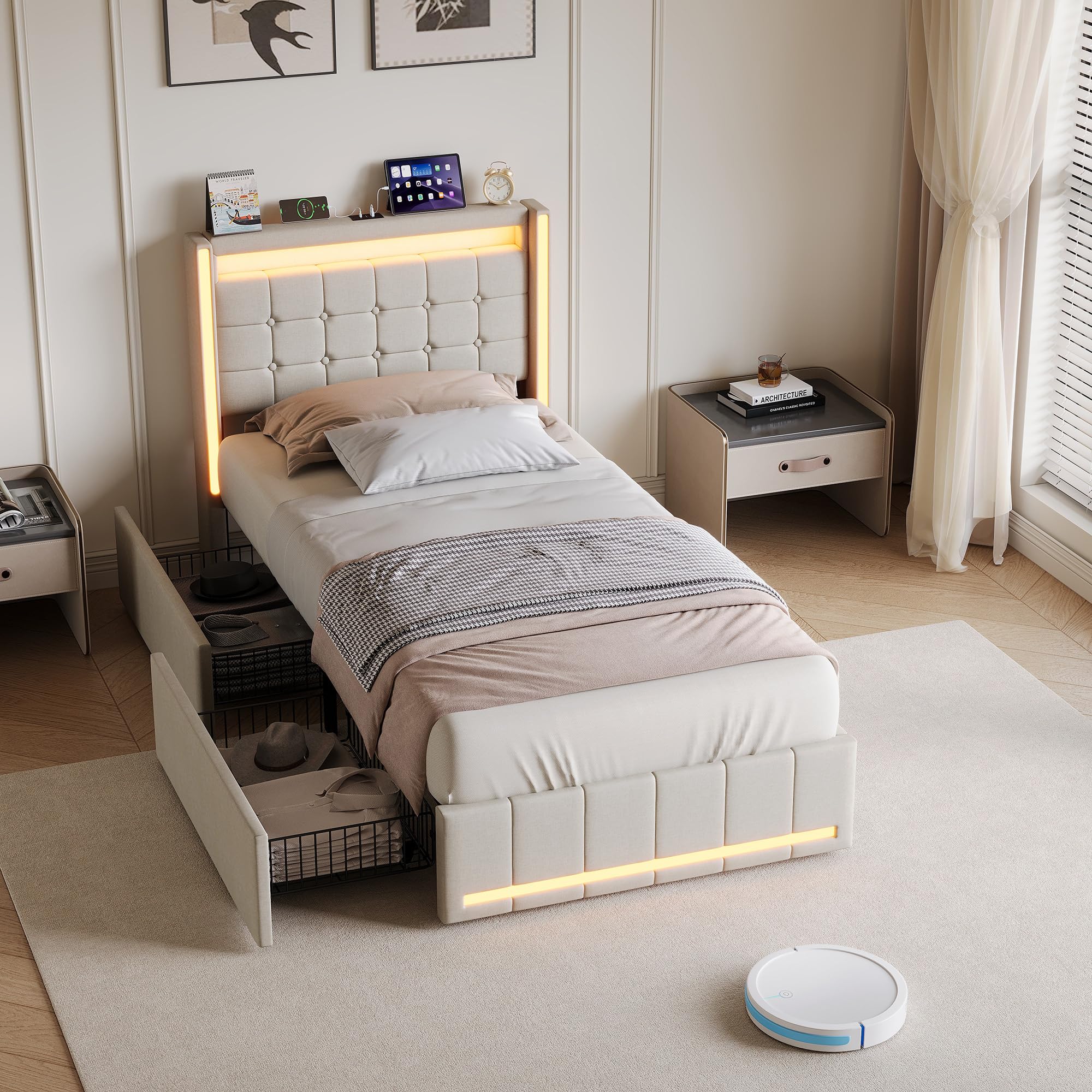 Cama tapizada 90 x 200 cm con espacio de almacenamiento, cama individual con cajones, cama juvenil con iluminación LED y estación de carga, estructura de cama con marco de metal y somier de