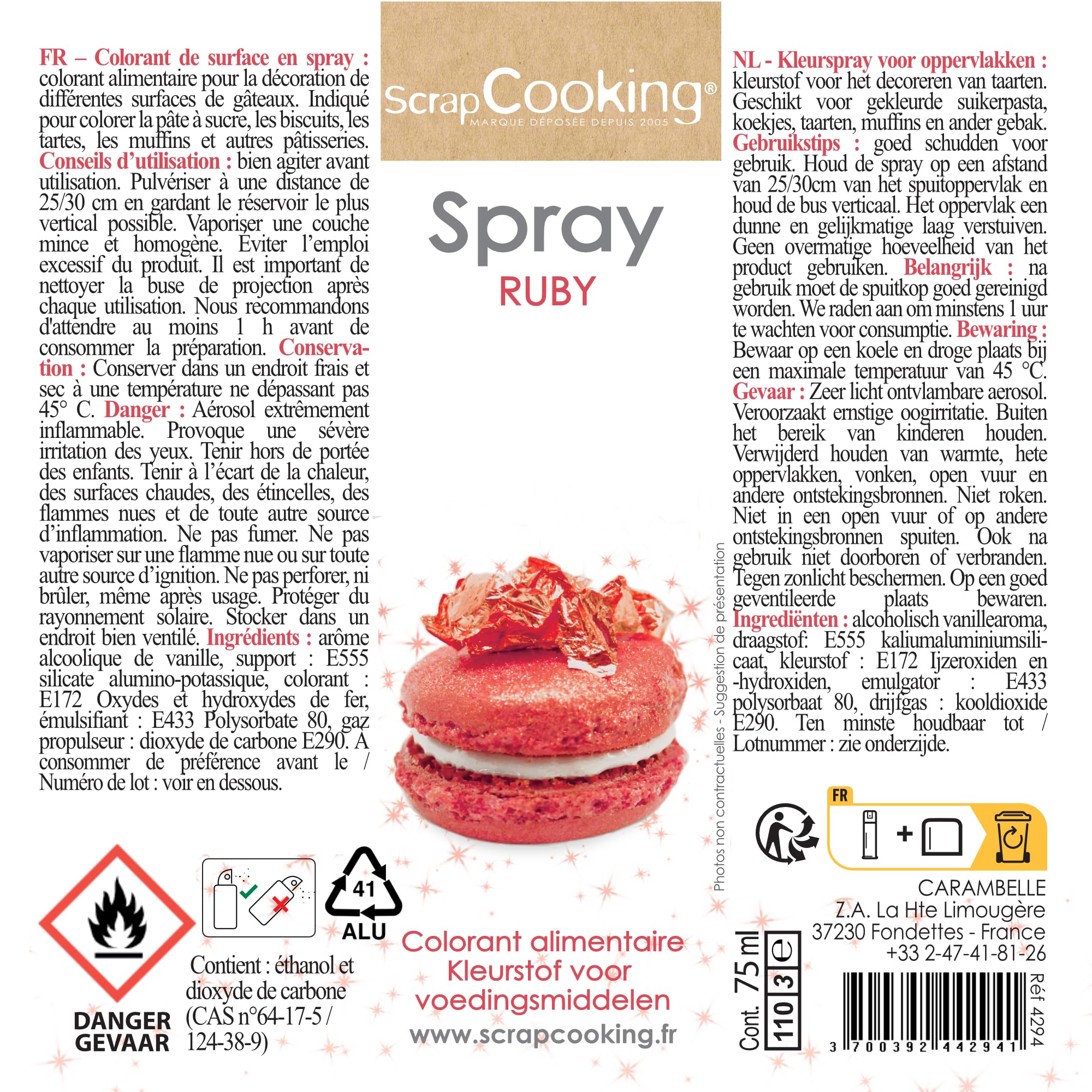 ScrapCooking - Spray Colorant de Surface Rubis 75 ml - Spray Alimentaire Rose Irisé pour faire Briller vos Pâtisseries, Biscuits, Macarons, Pâtes à Sucre, Gâteaux, Bûches - 4294