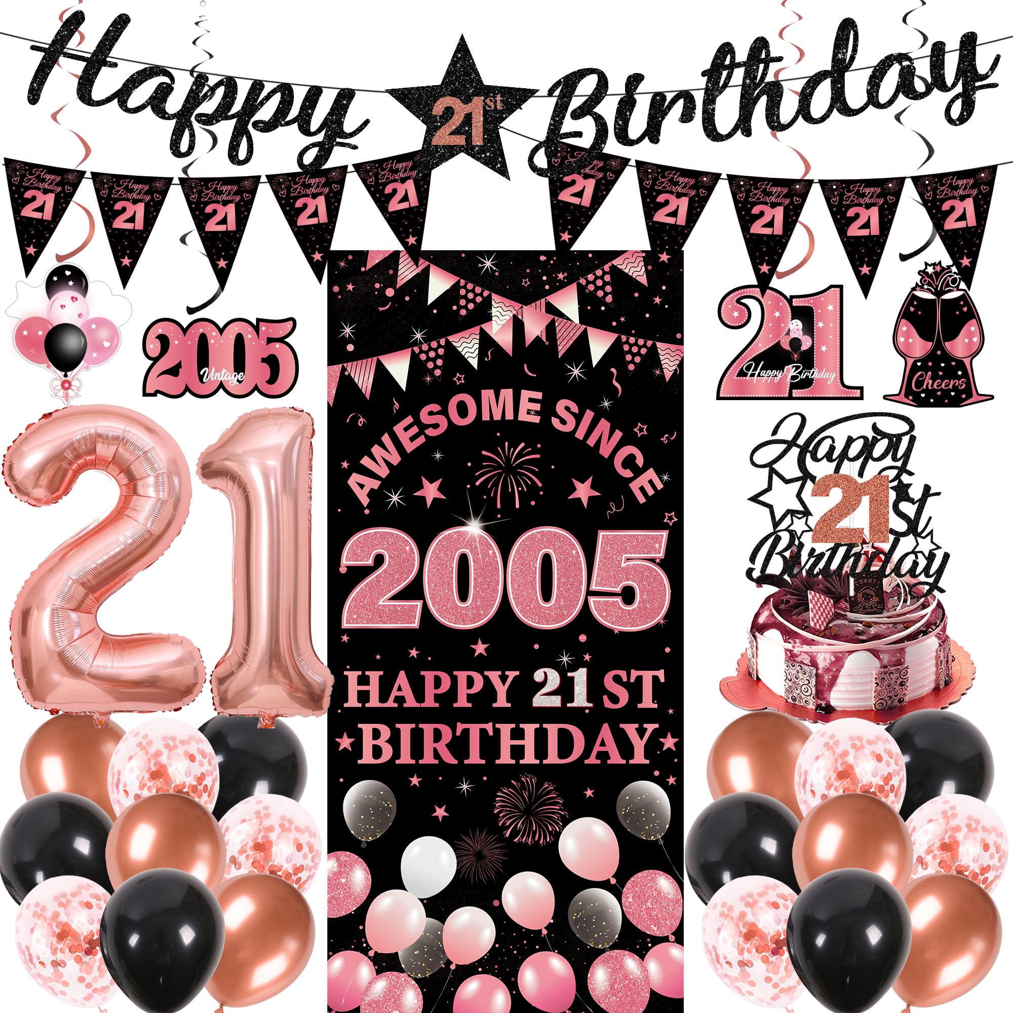 21st Birthday Decorations Women Kit - 27 Pcs Black Rose Gold Happy 21st Birthday Banner Triangular Flag Hanging Swirls Backdrop Cake Topper 21 Balloon Set for 21 Years Old Party Decoration Supplies