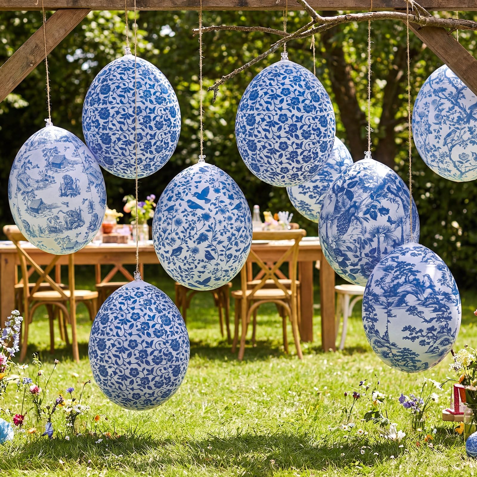 Realspring 12 Pcs 12 Inch Inflatable Blue and White Easter Eggs Decorations Chinoiserie Porcelain Easter Inflatables Outdoor Decor Spring Large Blow up Hanging Egg Ornaments for Holiday Party Supplies