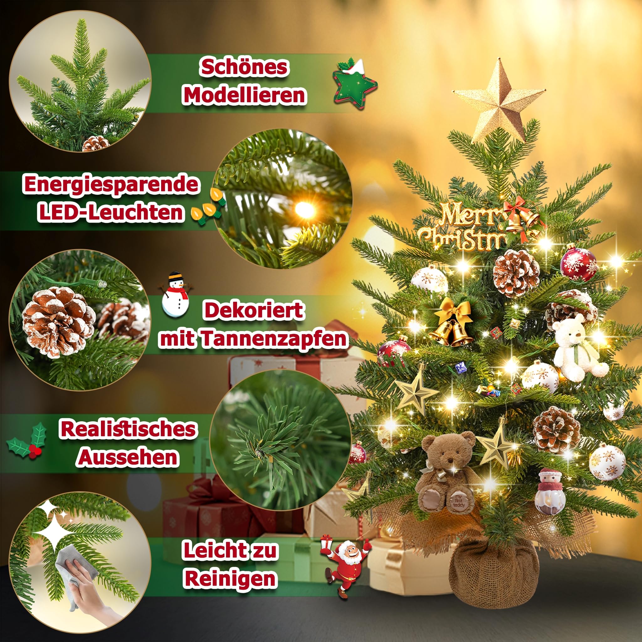 LILIIN Mini árbol de Navidad decorativo de 60 cm de PVC + PE, árbol de Navidad artificial, pequeño árbol de Navidad con cadena de luces LED, incluye caja de pilas y base (juego de 2)