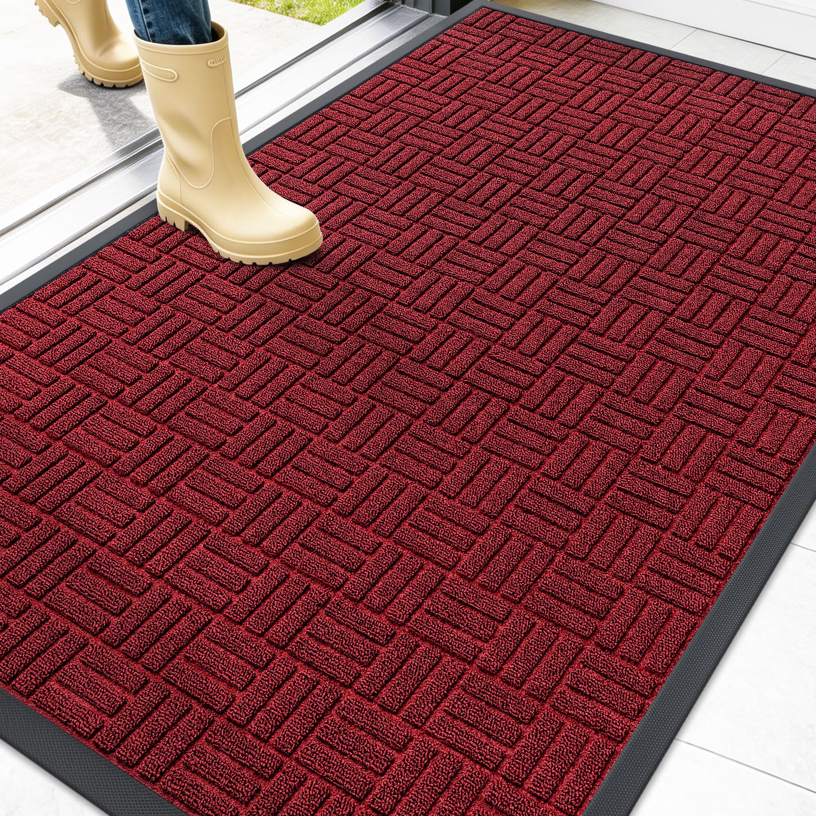 OLANLY Front Door Mat Outside Entrance 47x32, Heavy-Duty Rubber Doormat | Black Red, Stain and Fade Resistant, Non-Slip Backing, Low-Profile Indoor Outdoor Floor Mat for Entryway, Easy to Clean