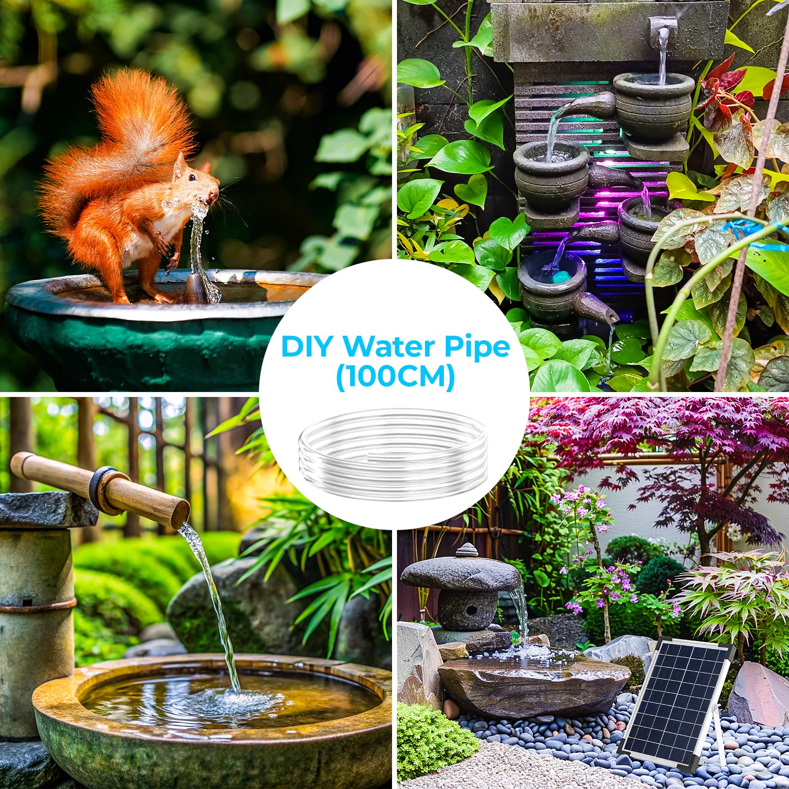 Solar Teichpumpe 5W, 170L/h Solar Springbrunnen, Solar Brunnenpumpen mit 1M Wasserleitung DIY, 9 Düsen, 3,25M Kabellänge, Solar Wasserpumpe, für Garten Teich Brunnen Wasserfall Pool