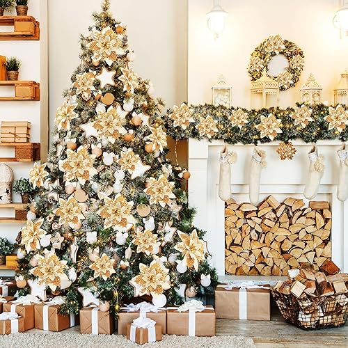 Miniatura 4 de Geosar 36 Piezas Flores de Pascua Artificiales con Purpurina de Navidad Flores de Pascua Artificiales Xmas Decoraciones de Flores de Boda Ornamentos