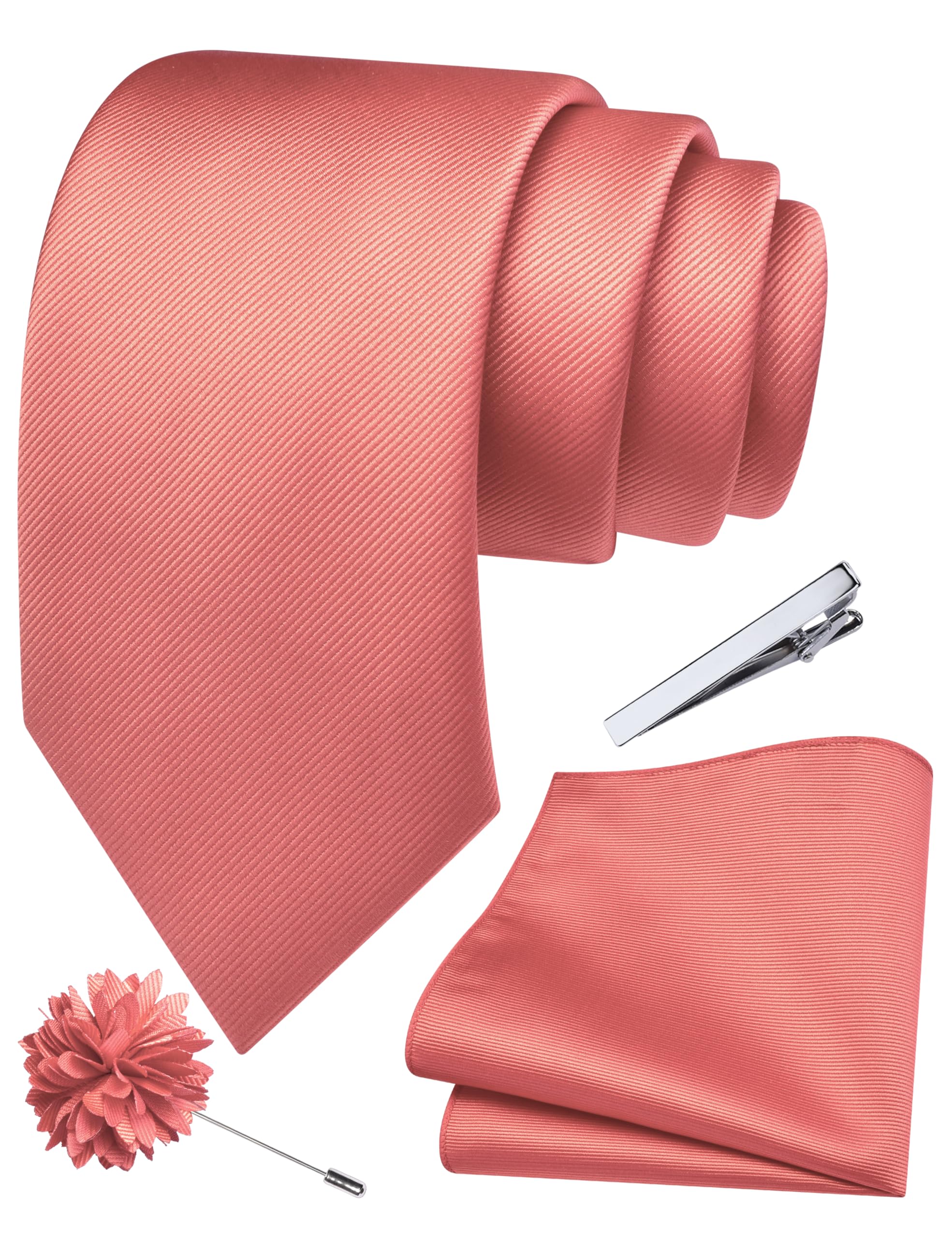 Branduce 3.15"（8cm） Solid Formal Tie and Pocket Square Plain Necktie Lapel Pin and Tie Clip Set for Men