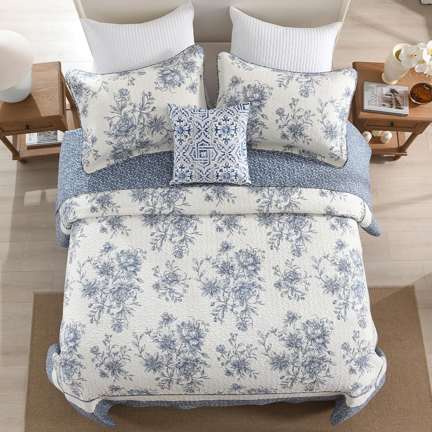 DDUOXIN Botanical Super Oversized King Bedspread - 128" W x120 L Extra Wide 100% Cotton California Quilt, Lightweight Reversible Oversize Bedspreads with 2 Pillow Shams, Blue Horizon/Cream - Image 8