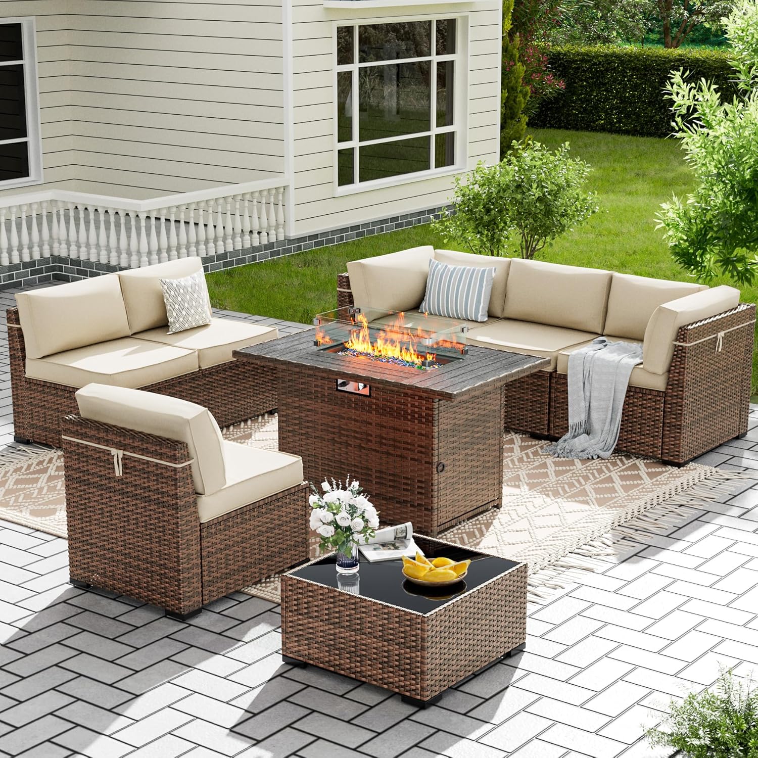 Amopatio 8-Piece Outdoor Patio Furniture Set with 44" Fire Pit Table, Modern Rattan Sectional Couch with Tempered Glass Coffee Table, Thickened Cushions and Include Waterproof Cover (Khaki)