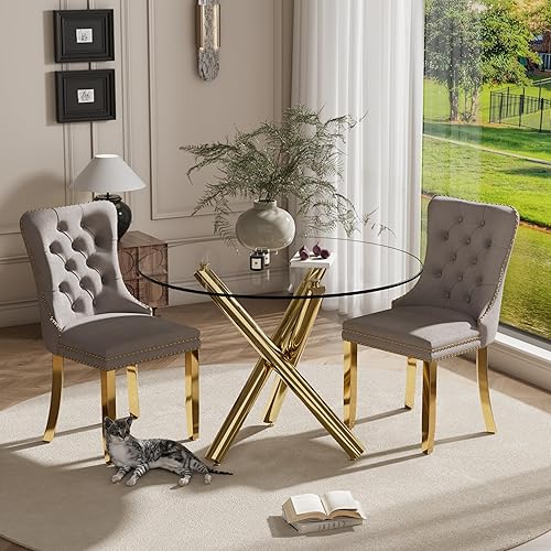 Miniatura 44 de Juego de mesa de comedor redonda dorada de 5 piezas, moderno juego de cocina circular de lujo para 4, 36 pulgadas, transparente, minimalista