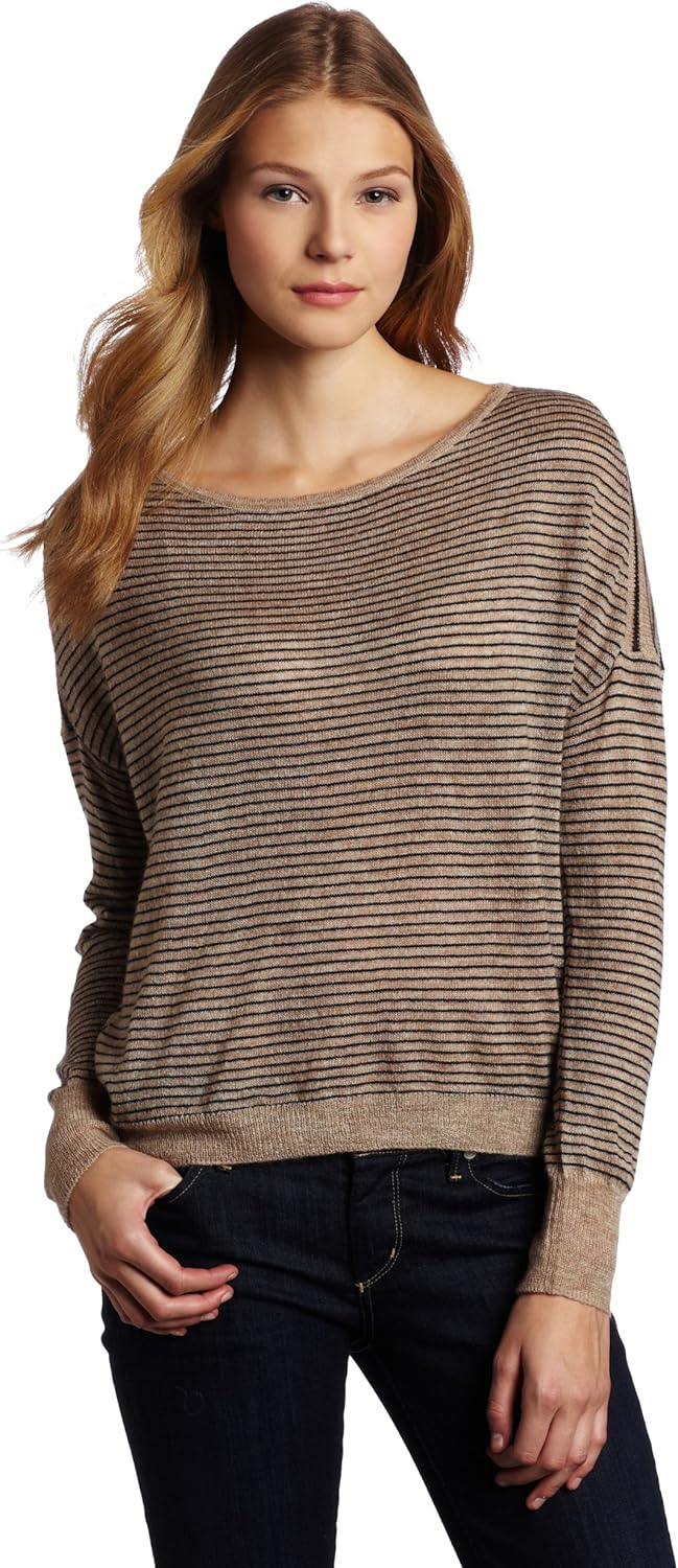 C&C California Women's Stripe Long Sleeve high Low Ballet Neck, Oatmeal Heather/Black, X-Small 