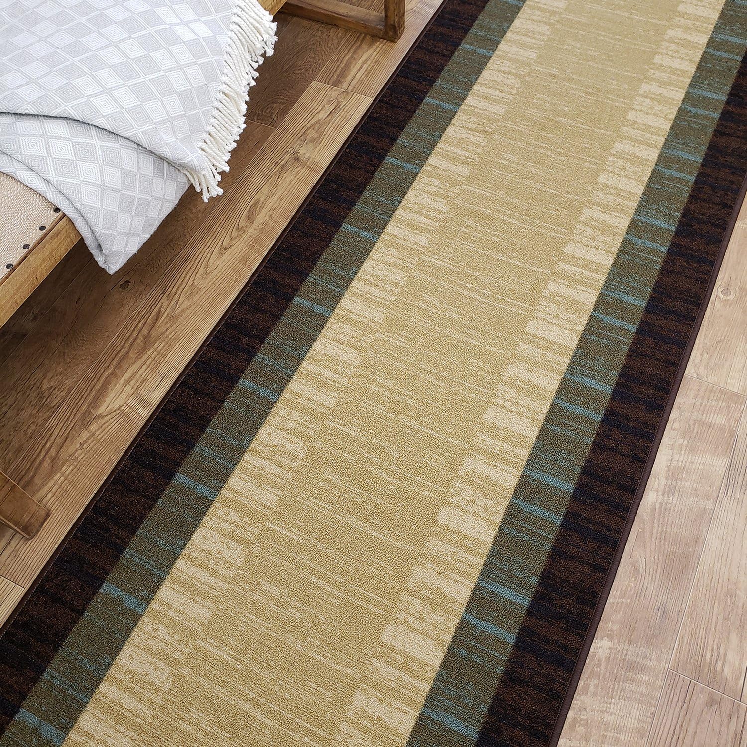 Rubber Backed Runner Rug, 22 x 84 inch, Brown Beige Border Striped, Non Slip, Kitchen Rugs and Mats