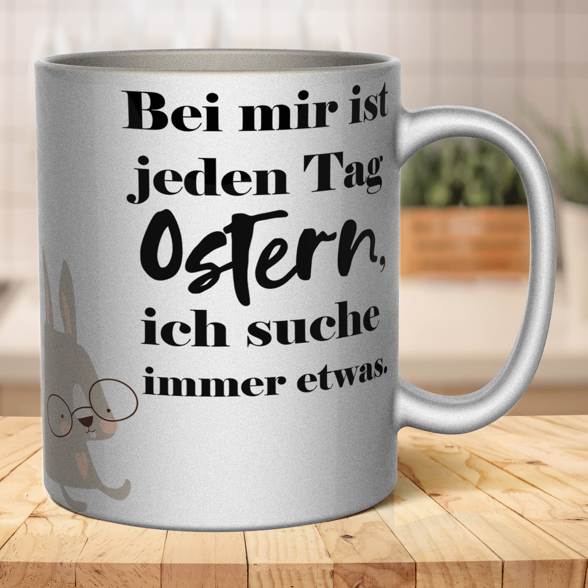 Smyla Silver Mug Printed on Both Sides | "Bei mir ist jeden Tag Ostern, Ich immer uchen etwas | Dishwasher Safe Original Gift | 330 ml