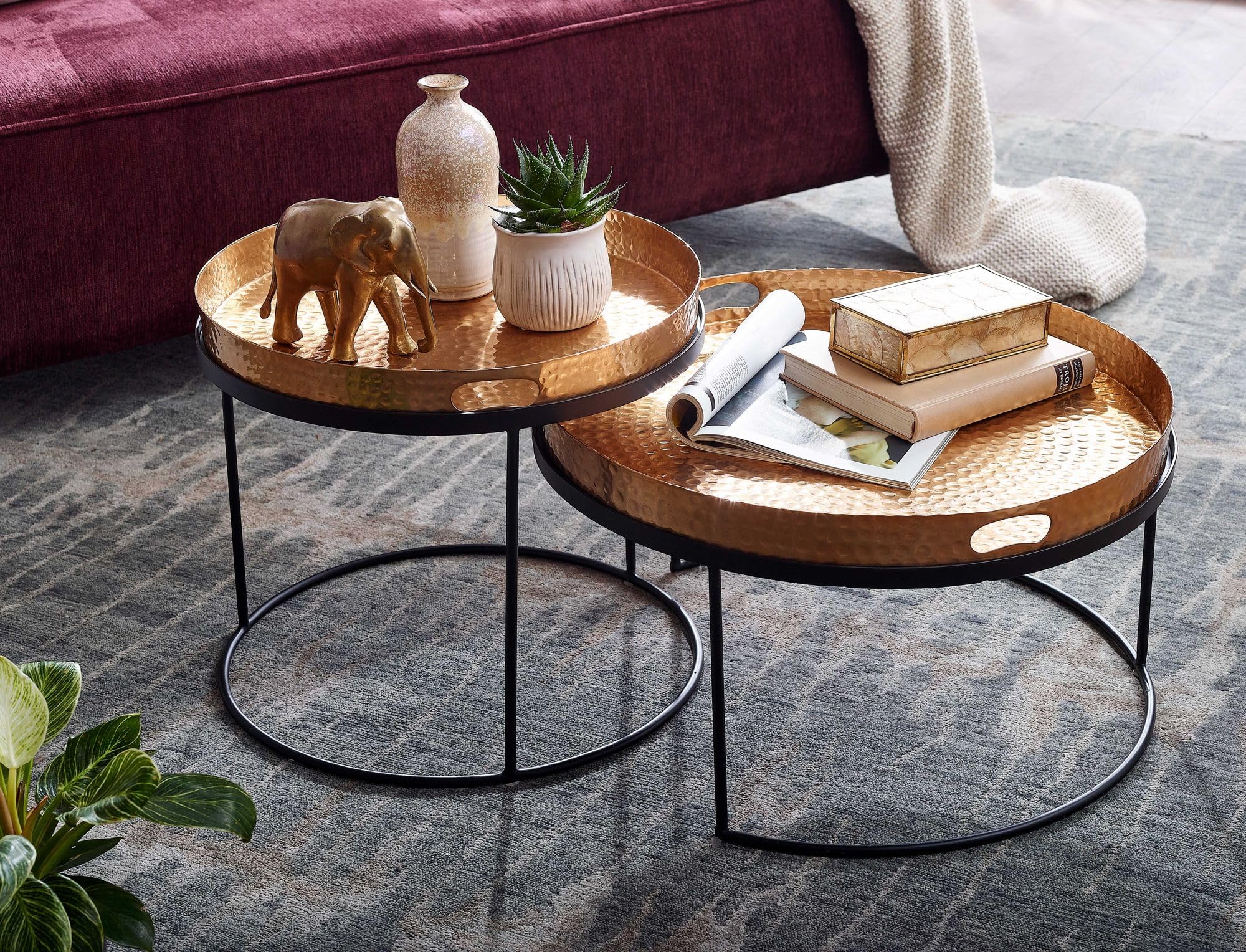 Tables Gigognes En Aluminium Doré - Lot De 2 Tables D'appoint Modernes Pour Salon, Design Branche - 10