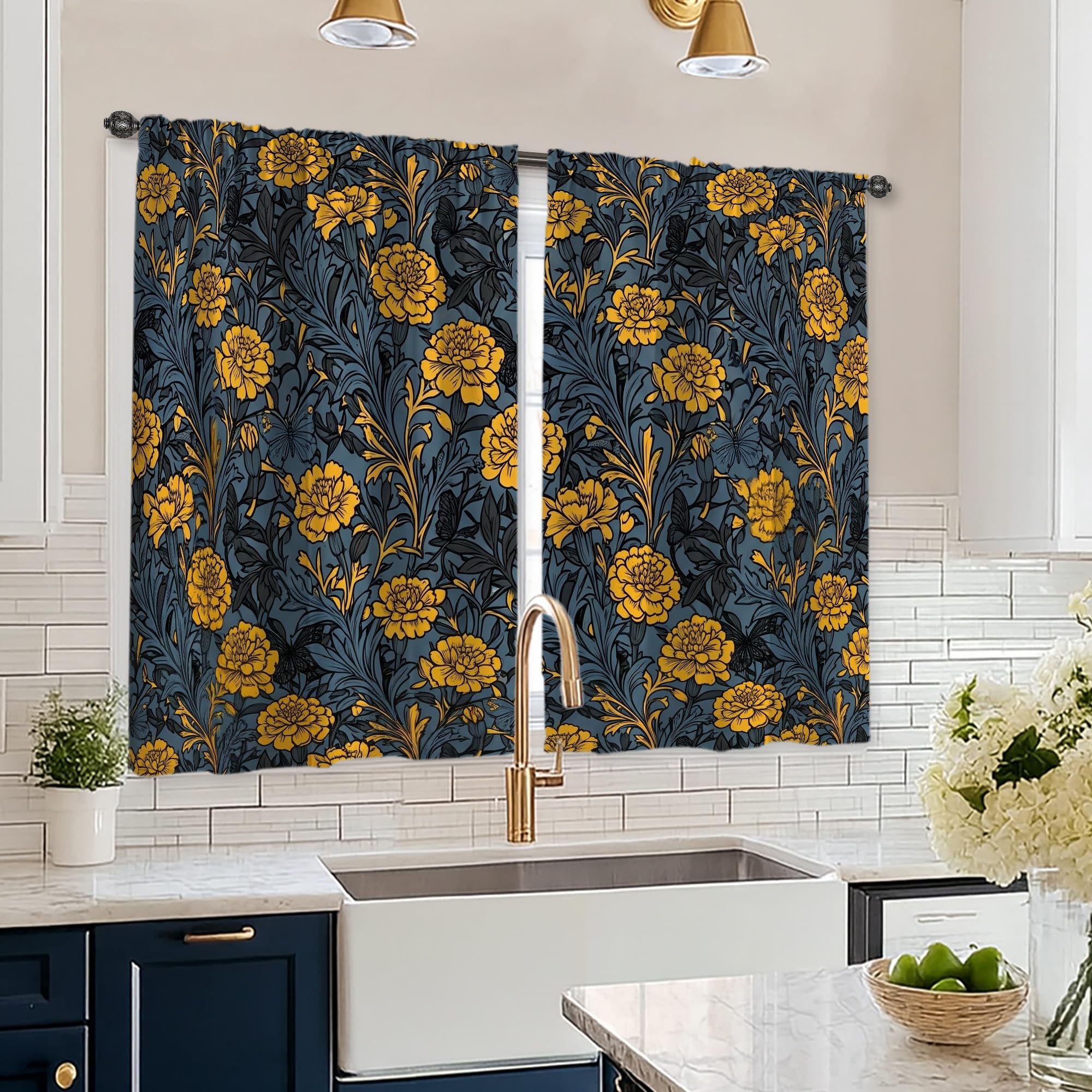 Rideaux de cuisine décoration de fenêtre jaune et botanique