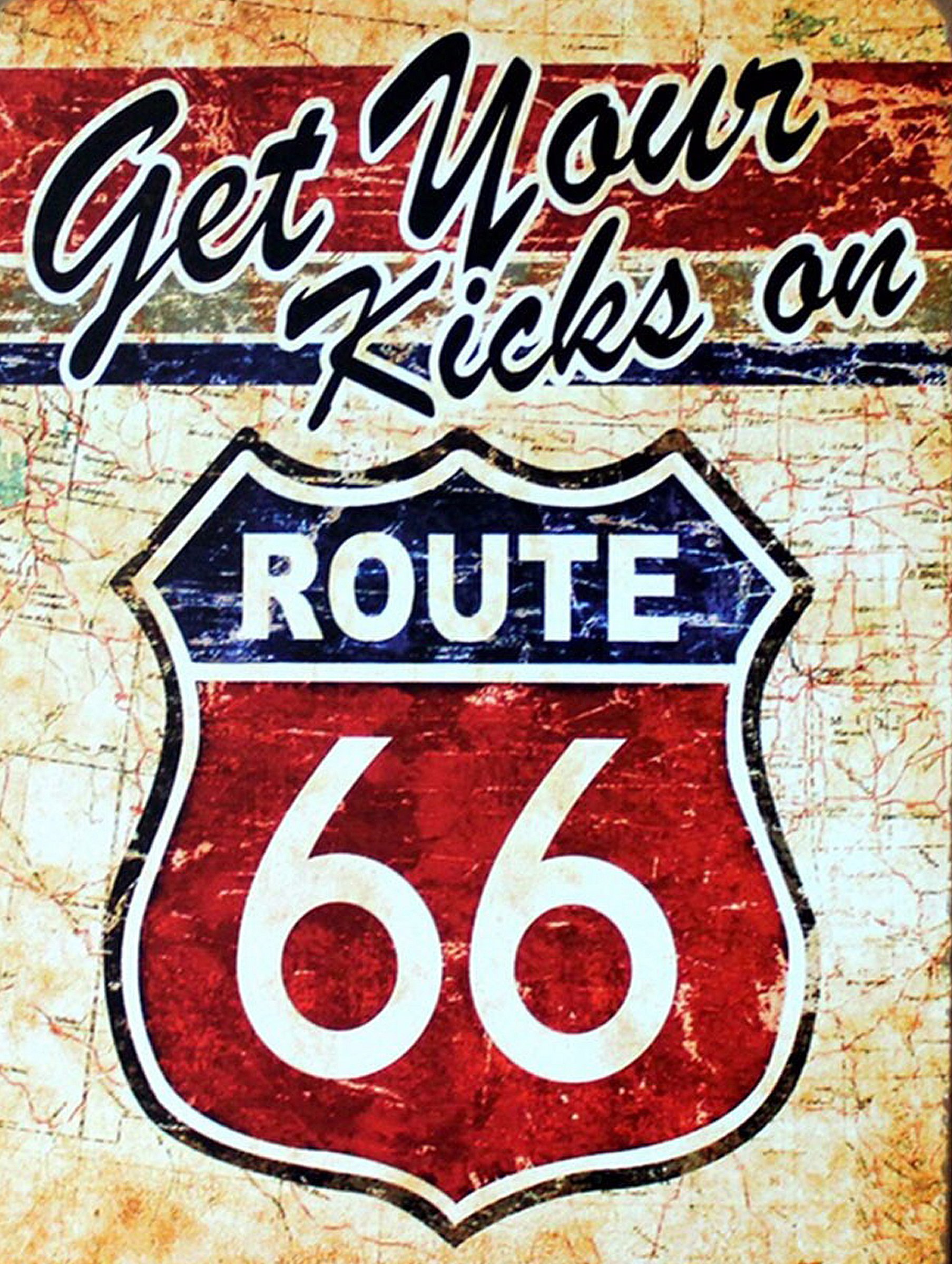 GET YOUR KICKS ON ROUTE 66, Retro Metal Fridge Magnet, 100mm x 75mm