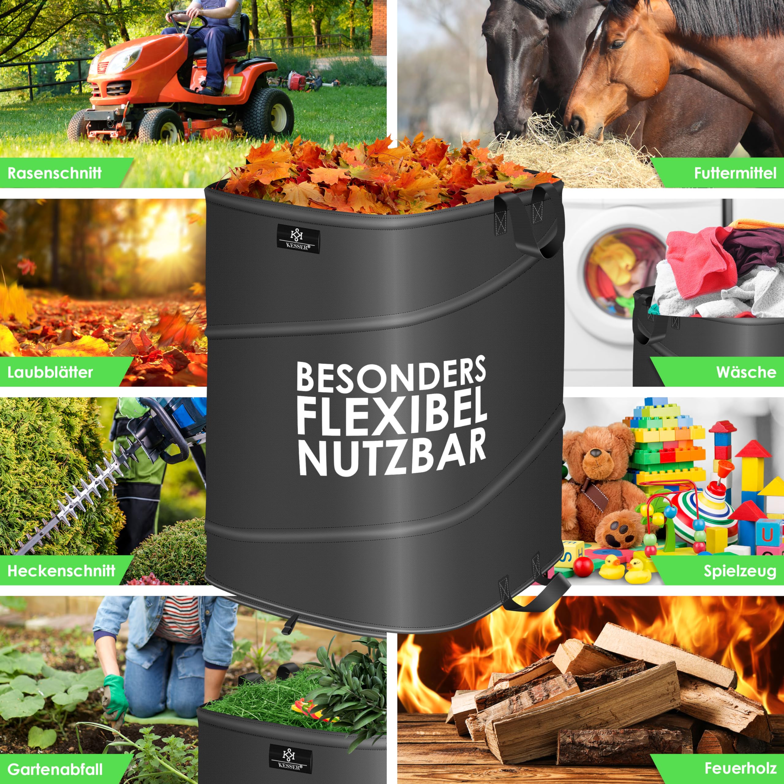 KESSER® Set di Sacchi da Giardino Pop-up - 4x 175 Litri, Sacco per Rifiuti da Giardino con Guanti, Autoportante con Maniglie, Robusto, Robusto e Richiudibile, Antracite/Nero