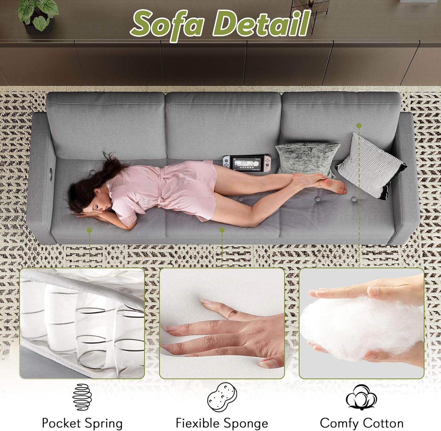 Diagram showing the dimensions and capacity of the STHOUYN 3-seater couch