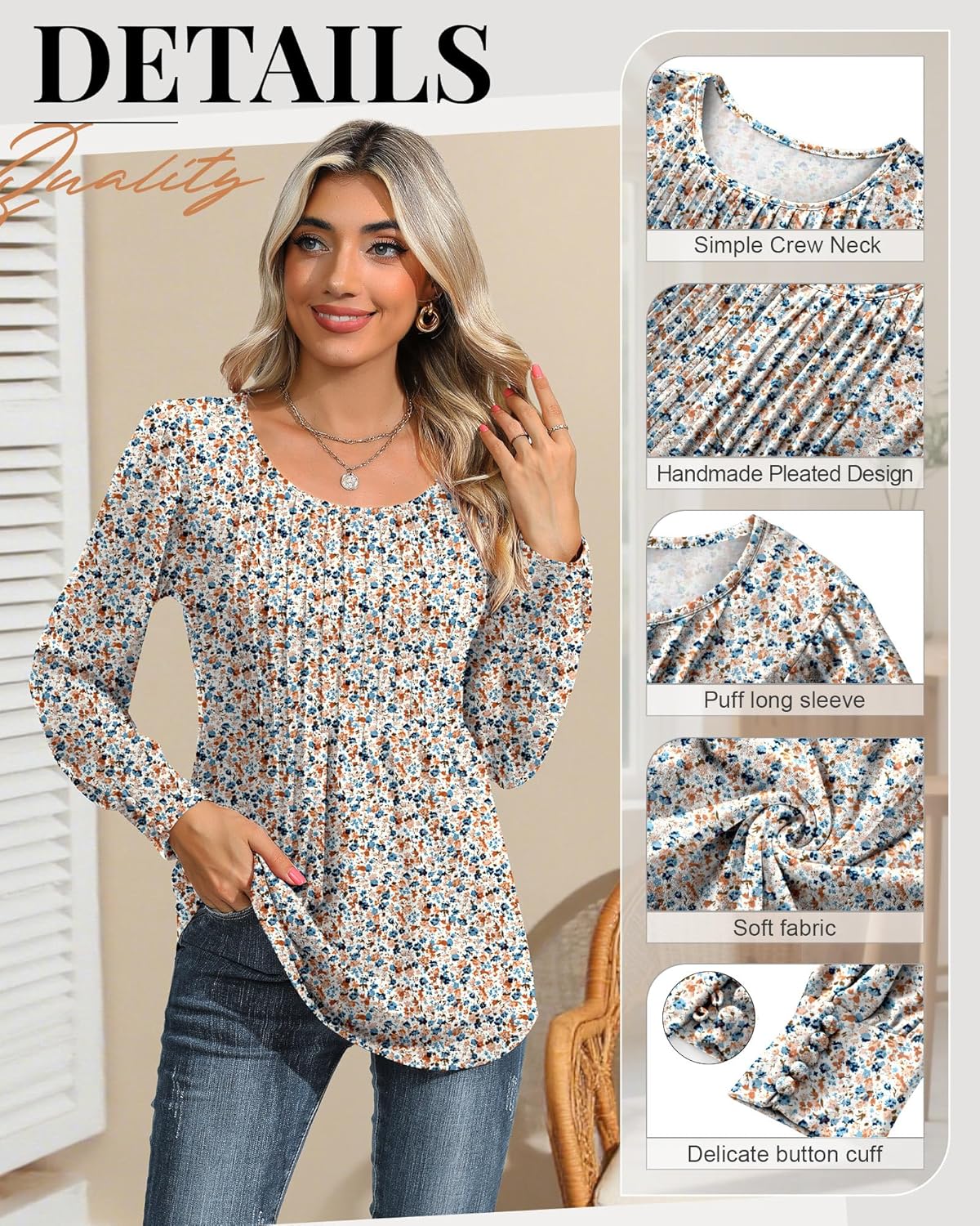 Ficerd Women's Puff Long Sleeve Tunic Tops Pleated Crew Neck Blouses Dressy Casual Loose Fit Fall and Winter Shirts - Image 2