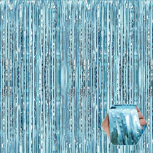 Paquete de 6 cortinas de flecos de papel de aluminio azul claro, 3.28 pies x 8.2 pies, cortinas metálicas de oropel con flecos para cabina de fotos,