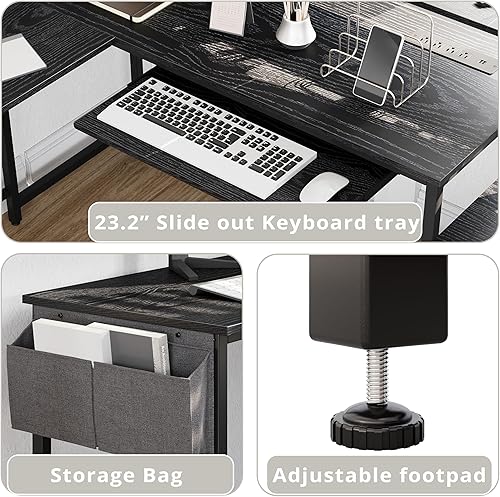 Miniatura 7 de IRONCK L Shaped Computer Desk, 66" Corner Desk with Power Outlet, File Drawer, Keyboard Tray, Riser Monitor Shelf and Storage Bag, Study Writing