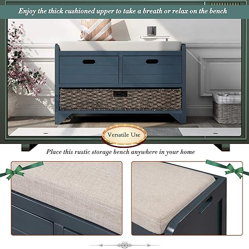 Miniatura 9 de Knocbel Banco de almacenamiento de granja, armario de dormitorio con cajones, cojín extraíble y cesta de mimbre, totalmente montado, 32 pulgadas de