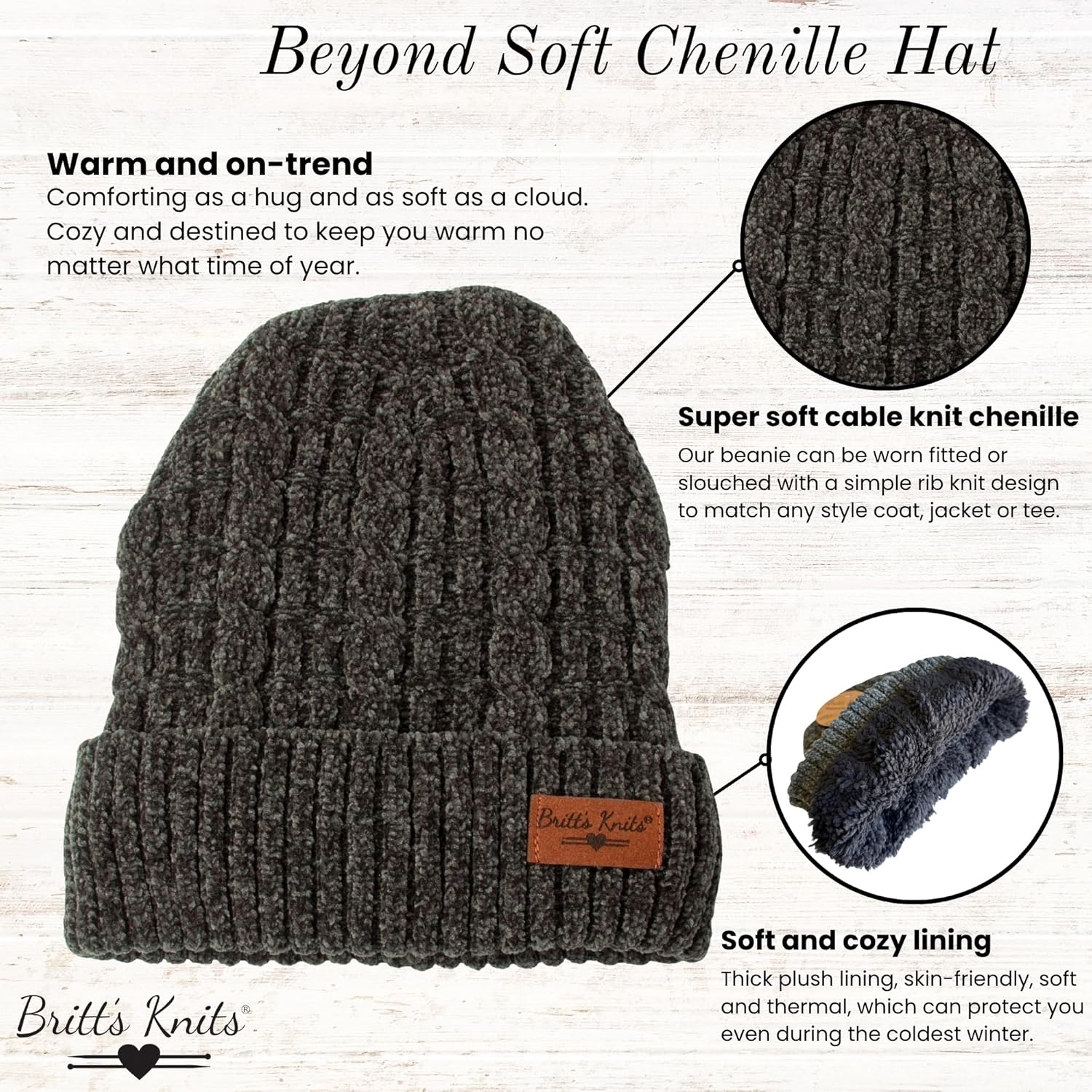 Britt's Knits Women's Soft Chenille Plush-Lined Thick Knit Cold Weather Hat Ski Cuff Cap - Image 2
