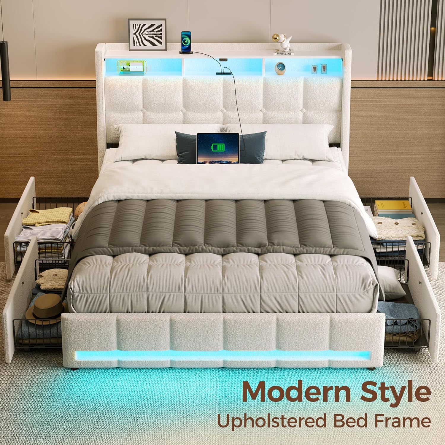 Rolanstar Queen Size Bed Frame with LED Lights and Charging Station, Upholstered Bed Storage Headboard & Drawers, Heavy Duty Wood Slats, Easy Assembly, White