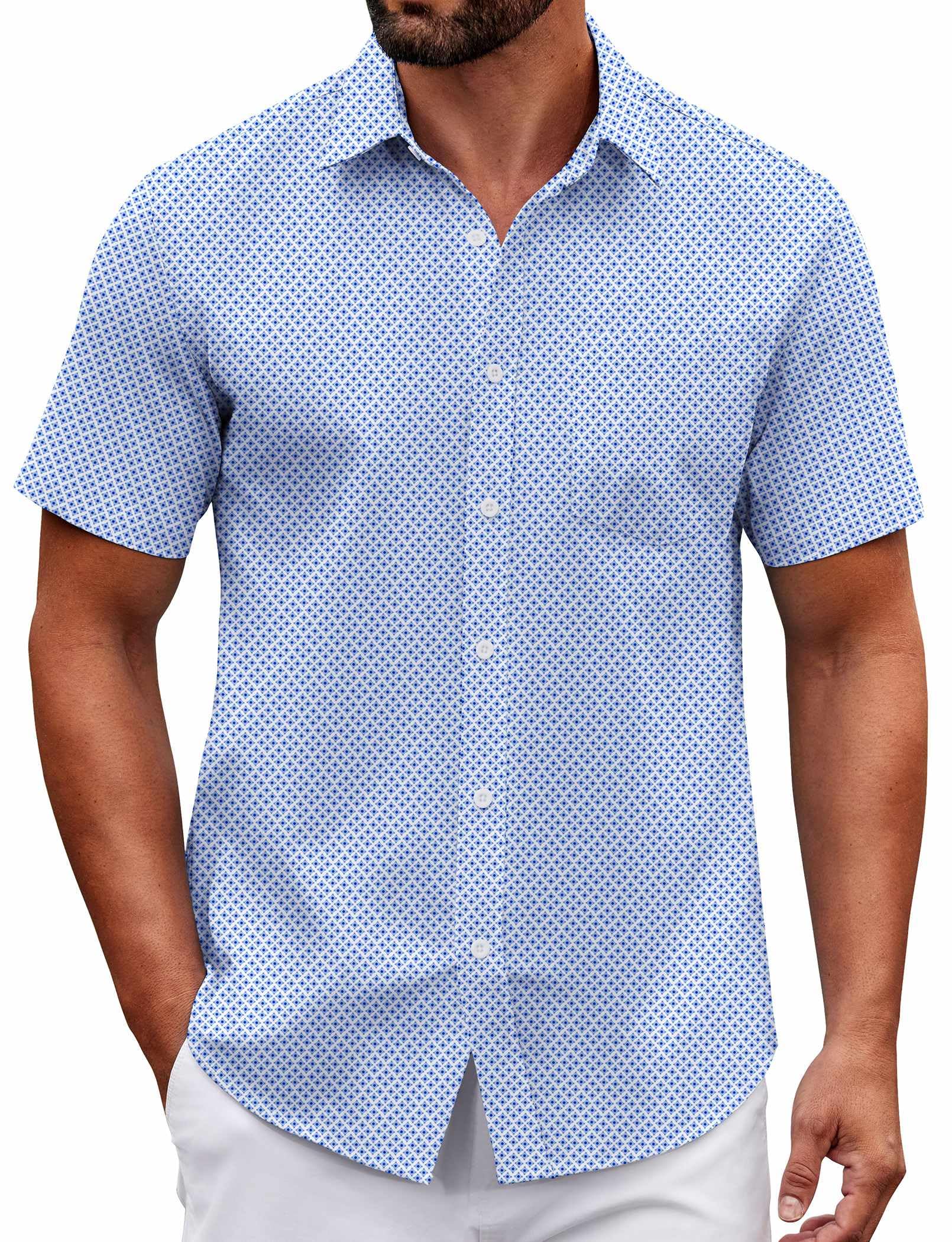 Mens Wrinkle Free Dress Shirt Short Sleeve Button Down Print Shirt Summer Business Casual Shirts with Pocket
