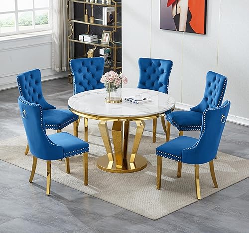 Miniatura 20 de Juego de 4 mesas de comedor redondas de mármol para 4, mesa de cocina redonda moderna y sillas de terciopelo beige, mesa de comedor de mármol blanco