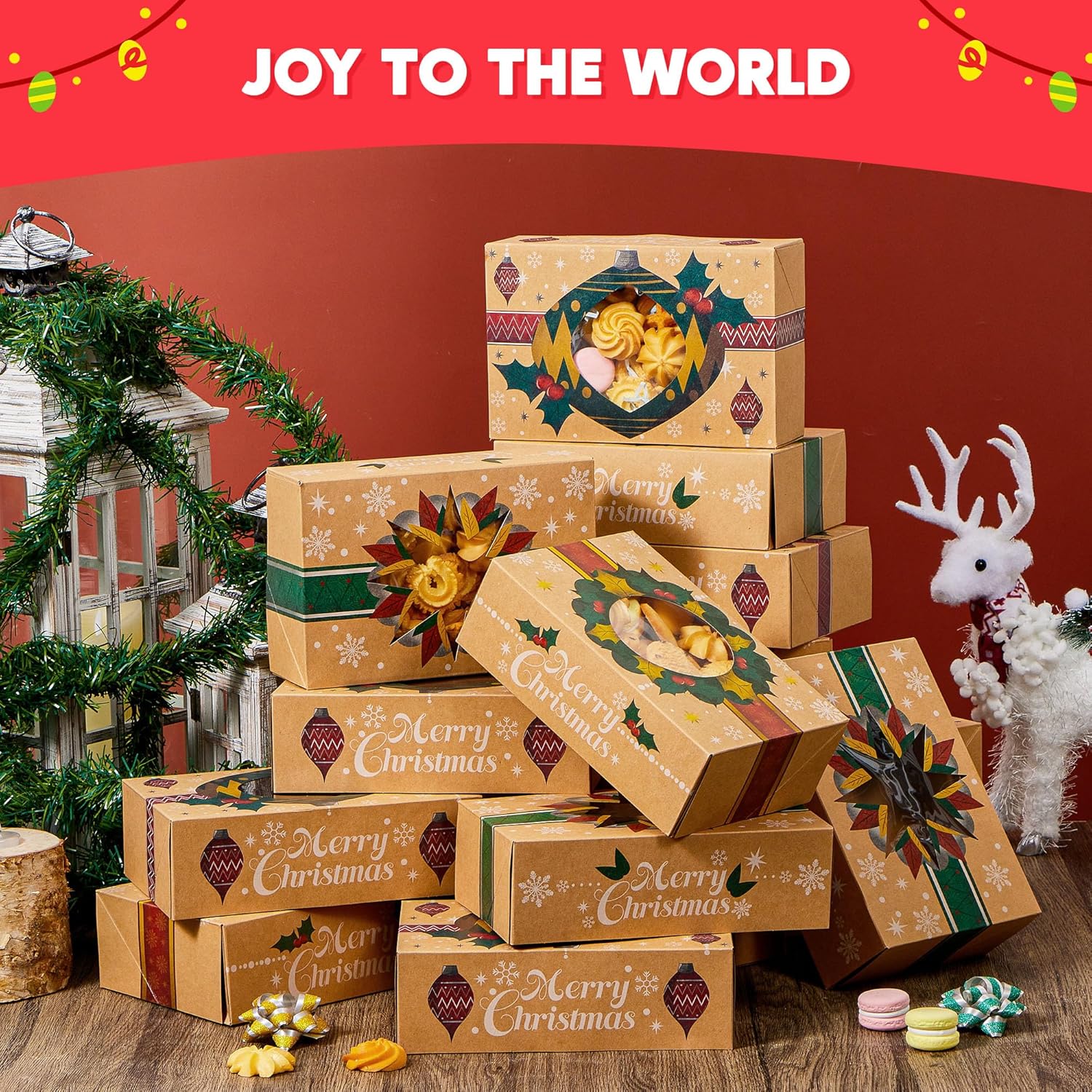 JOYIN 24PCS Christmas Cookie Boxes for Gift Giving, 8.75" x 5.75" x 2.75" Xmas Holiday Bakery Treat Boxes with Window, Kraft Cookie Tin Containers Box for Baked Goods, Cupcake, Pastry, Candy, Brownies