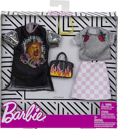 Miniatura 2 de Barbie Ropa: 2 trajes de muñeca incluyen un vestido de camiseta con gráfico de rock retro y bolso decorado con llamas, regalo para niños de 3 a 8