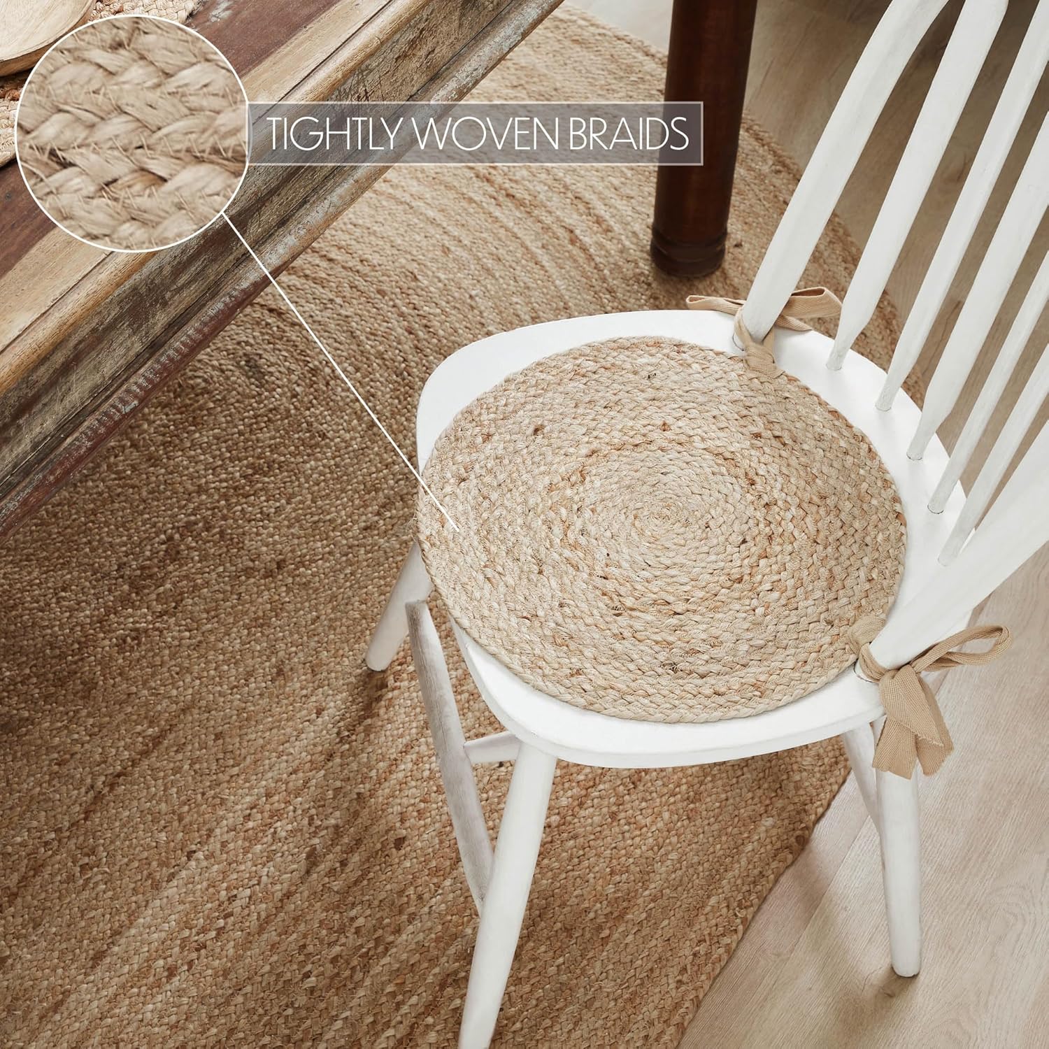 VHC Brands Jute Chair Pad, Dining Room and Kitchen Seat Cushion with Ties, Natural Collection, Round 15x15, Set of 2