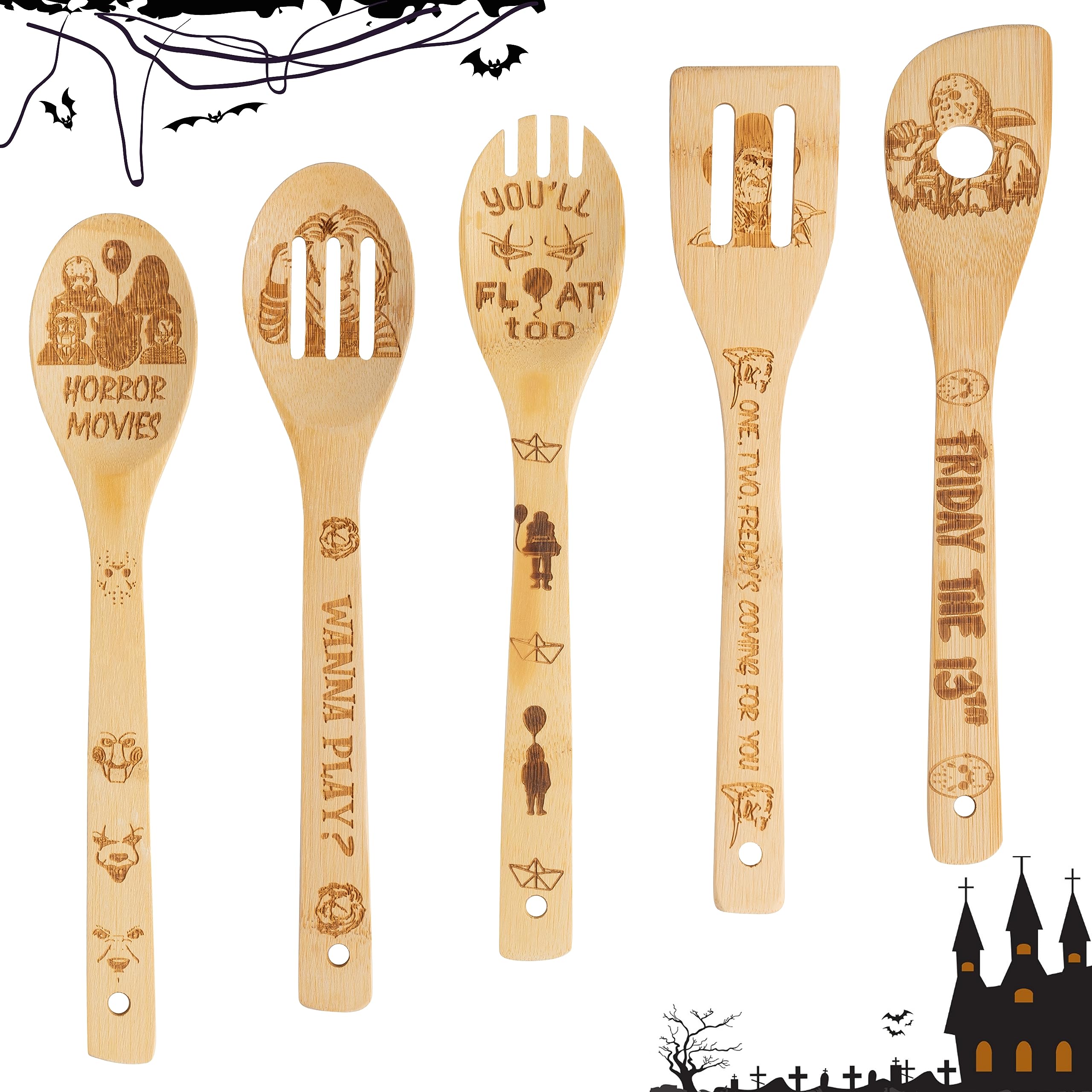 5P Halloween Horror Classic Movie Character Bamboo Spoons Utensil Gift Set for Cooking, Movie Character Engraved Patterns for Kitchen Cooking Lovers Cookware Kitchen Gifts for Housewarming or Birthday
