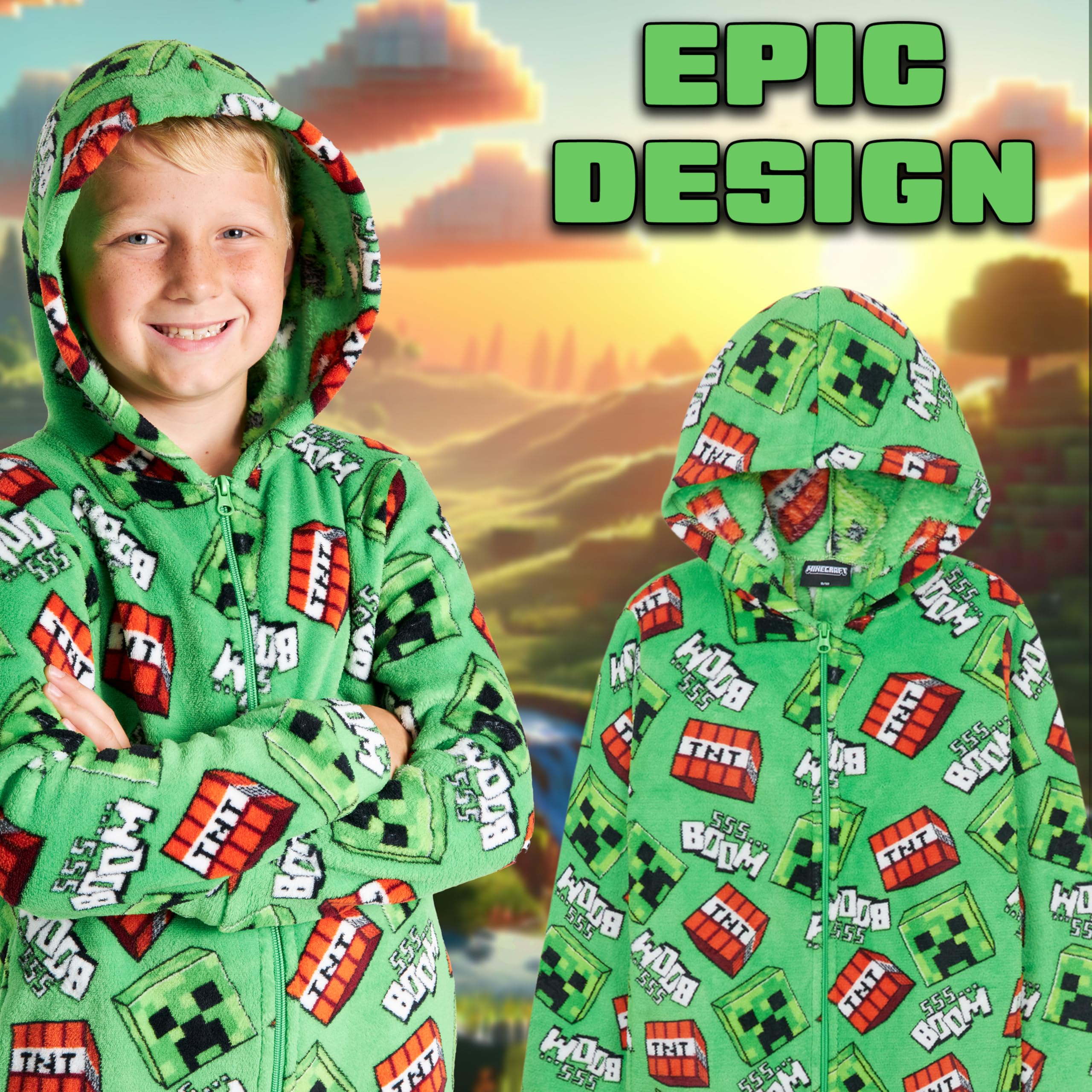 Minecraft Onesie Creeper Fleece Jumpsuit Sleepsuit Gamer Geschenk Schlafoverall mit Kapuze für Jungen
