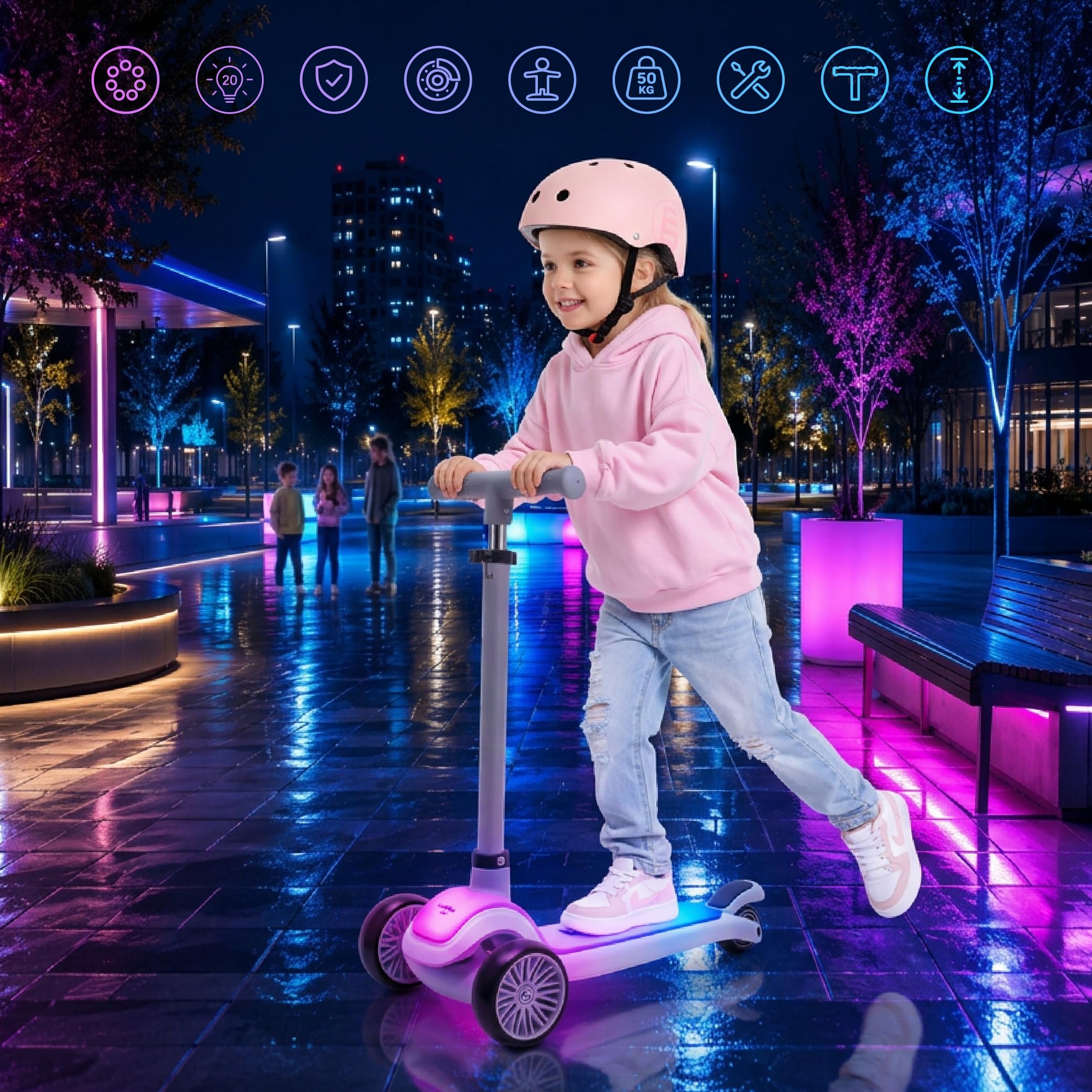 LUMI RIDE Monopattino bambino 3 anni Balance Tre Ruote LED, Pieghevole, Manubrio Regolabile, Freno a Pedale, Pedana Antiscivolo, Manubrio Removibile