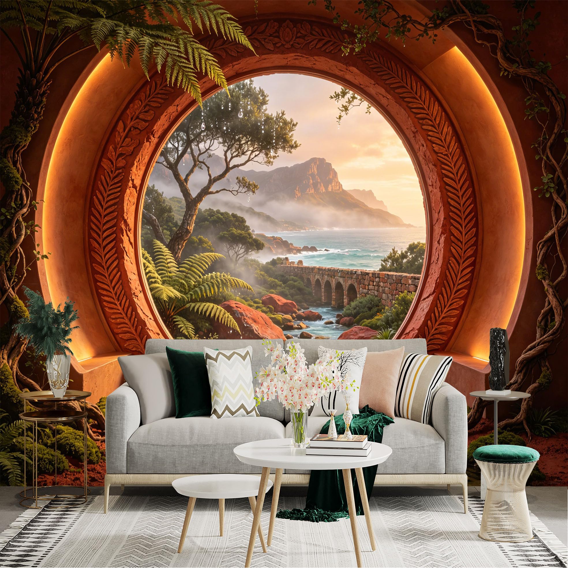 Custom Size Wall Sticker Mural， Fantasy Landscape with River， Archway and Mountain View， for wall Decoration， peelandstick wall Decals.