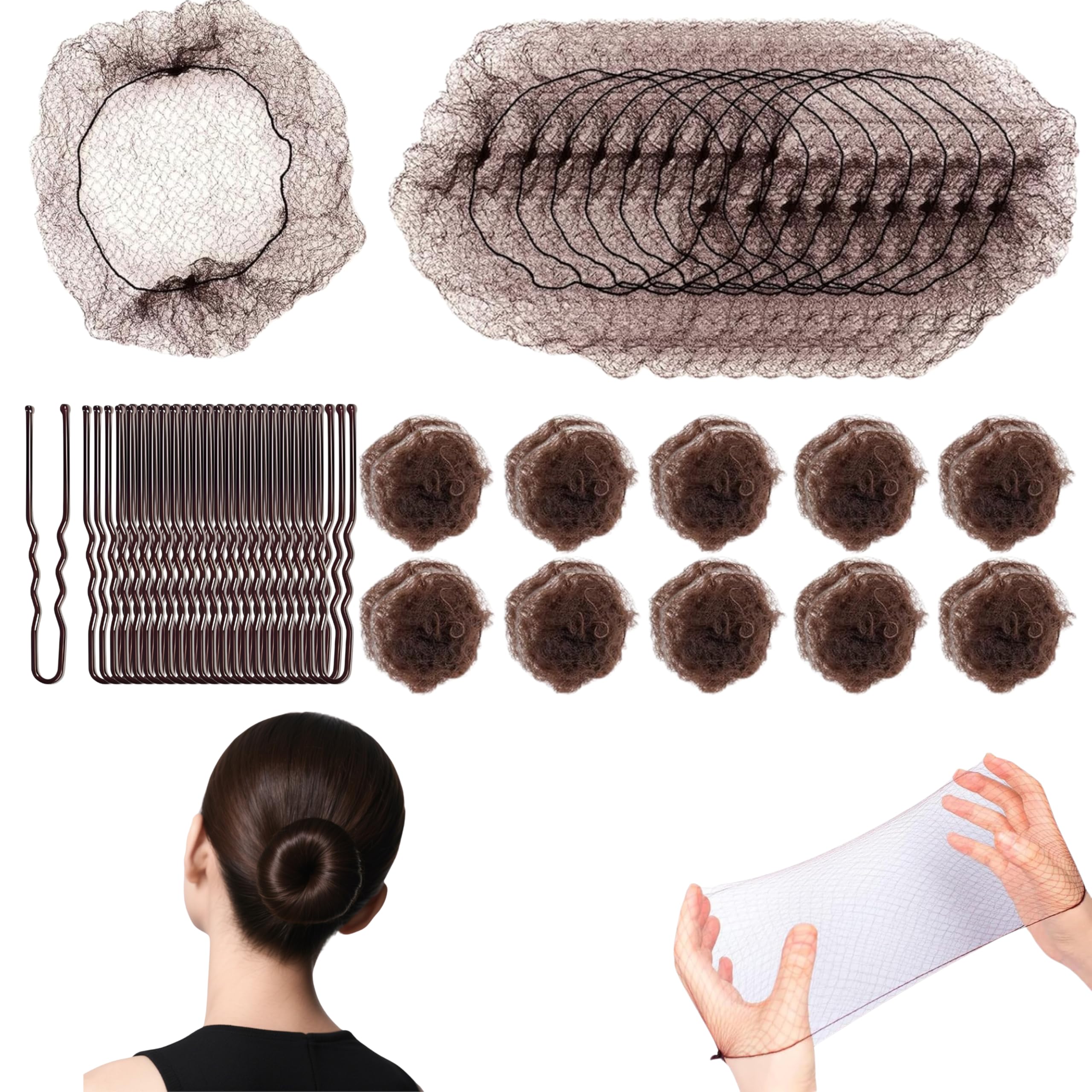 50PCS Hair Bun Nets with 40pcs U Shaped Hair Pins, Brown Invisible Bun Nets