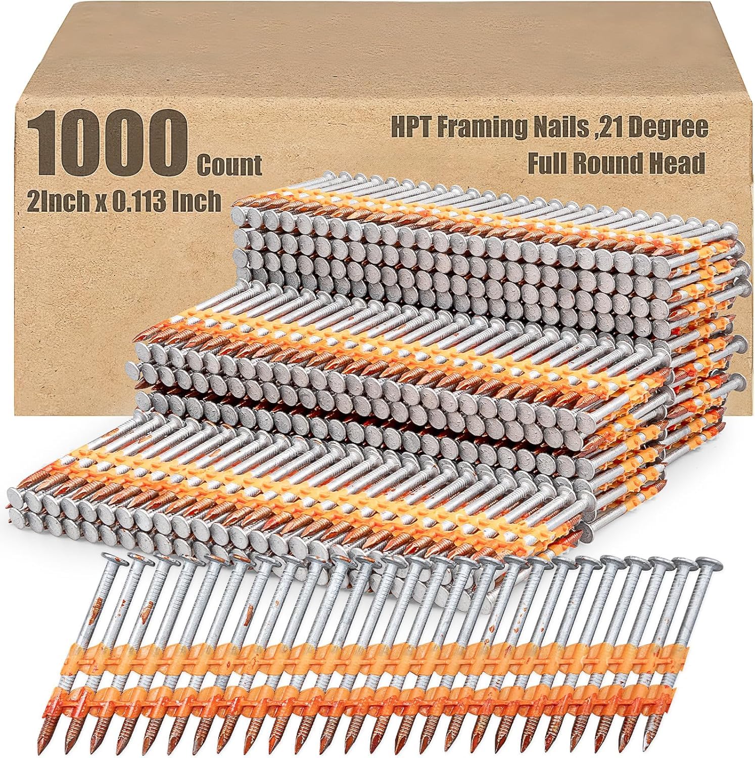 21° Rahmennägel 2,8 × 50 mm Vollrundkopf, ringförmiger Schaft, feuerverzinkt, in Kunststoffstreifen collatiert – geeignet für alle druckimprägnierten Hölzer (1000 Stück pro Box, 2 Zoll × 0,113 Zoll)