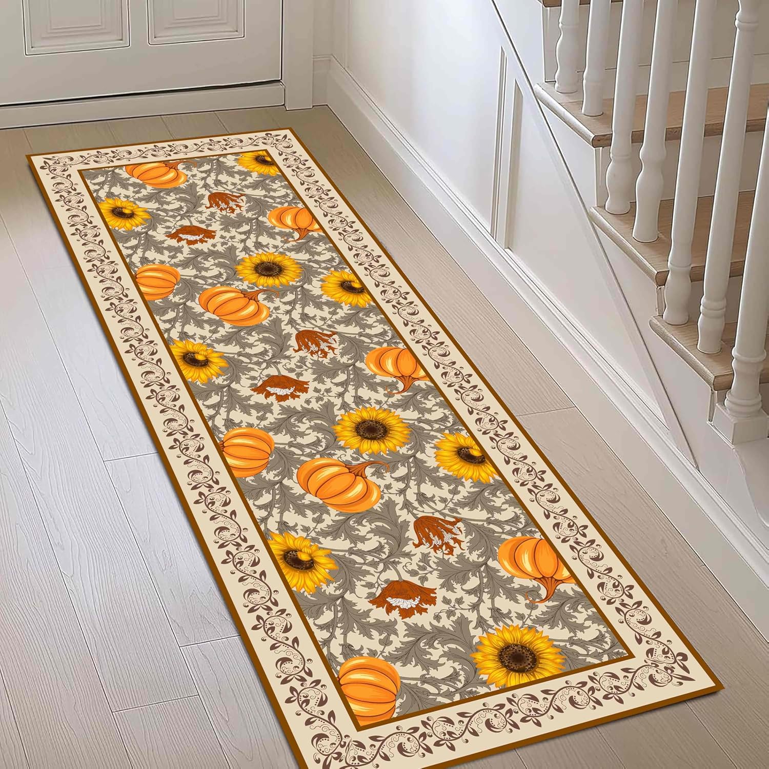 Vintage Autumn Runner Rug, 2x6ft, Bohemian Sunflower Pumpkin Floral Leaves Plant Design Hallway Decorative Floor Mat, Soft Washable Non-Fade Fall Thanksgiving Area Rug for Kitchen Living Room