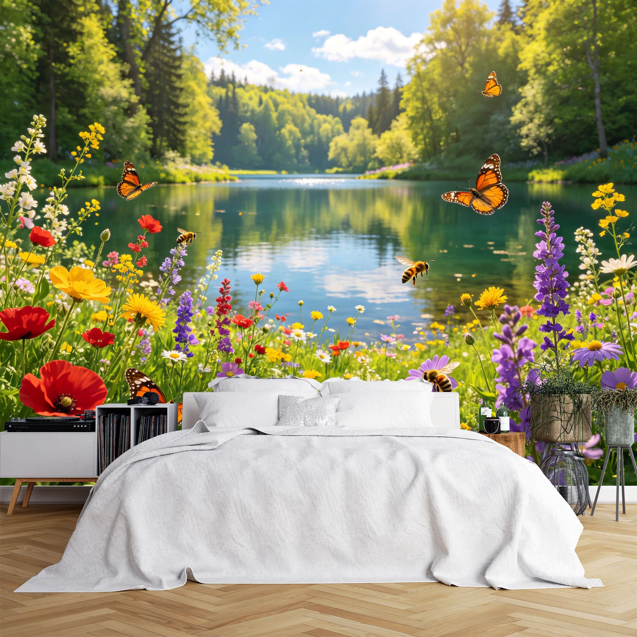 Lcythiazole Ch260615205 Custom Size Wall Murals Wildflower Lake Butterflies Bees Spring Nature Full Wall Self-Adhesive Wall Fabric (No Pvc) Removable Wallpaper For Study Room