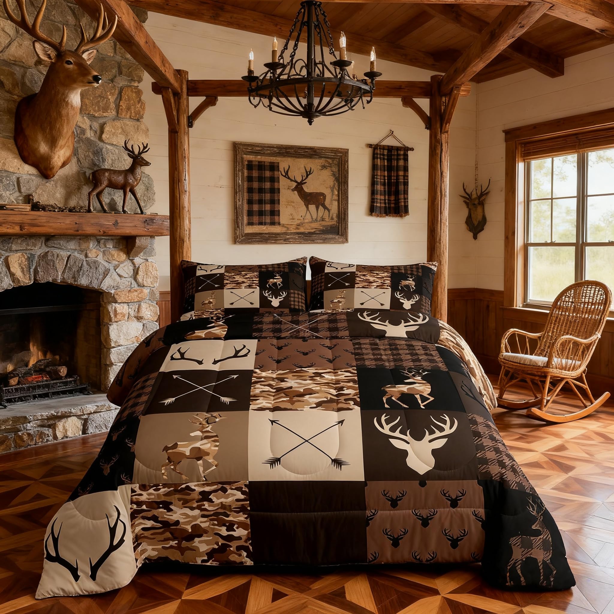 Camo Animal Kids Comforter Set Full Size,Deer Antlers Silhouette Bedding Set,Girls Boys Adults Bedroom/Xmas Decor,Checkered Geometric Down Comforter,