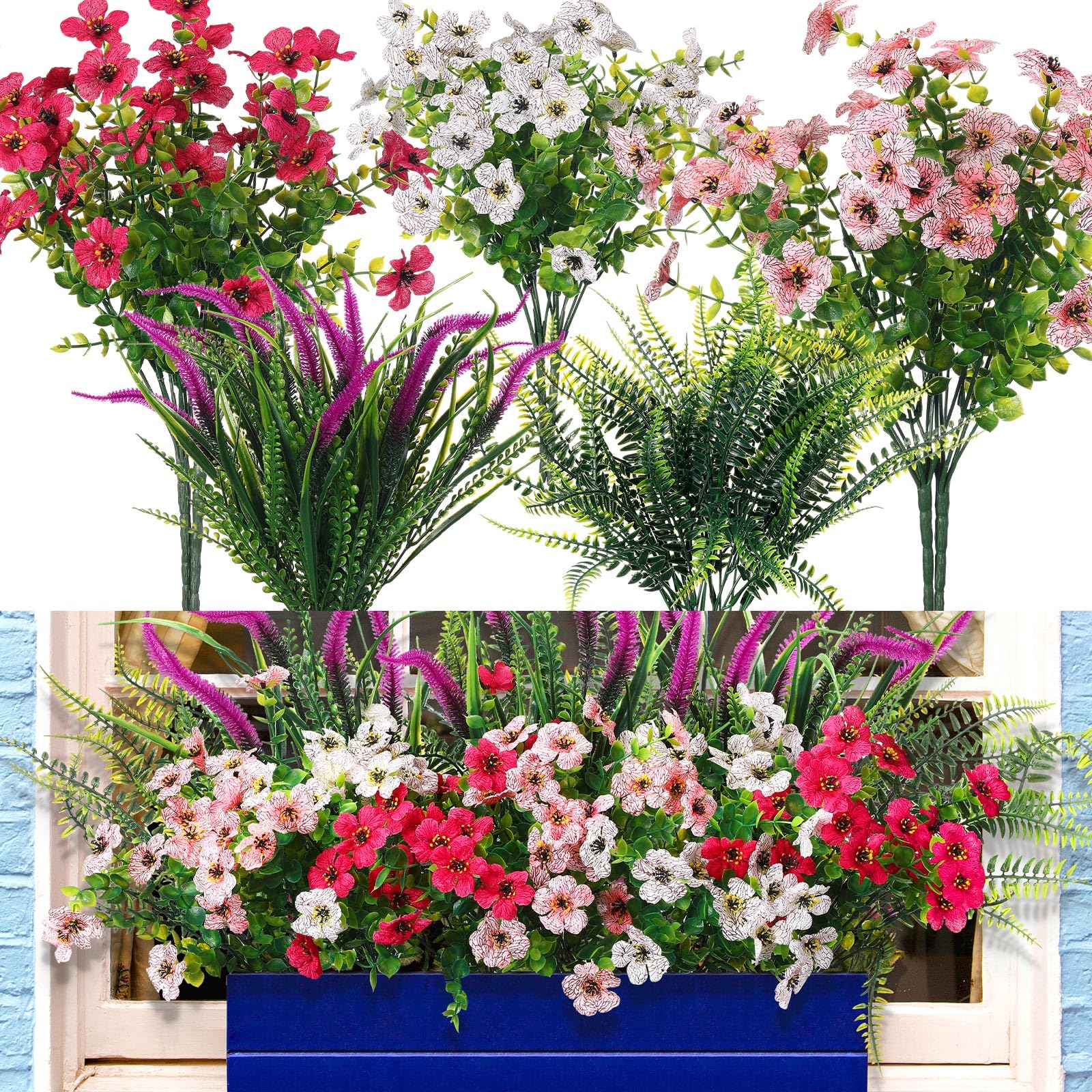 Moucuny 12 Pcs Artificial Flowers for Outdoor, UV Protection Resistant Artificial Flowers Plants for Window Box Plastic Wildflowers Greenery Shrubs