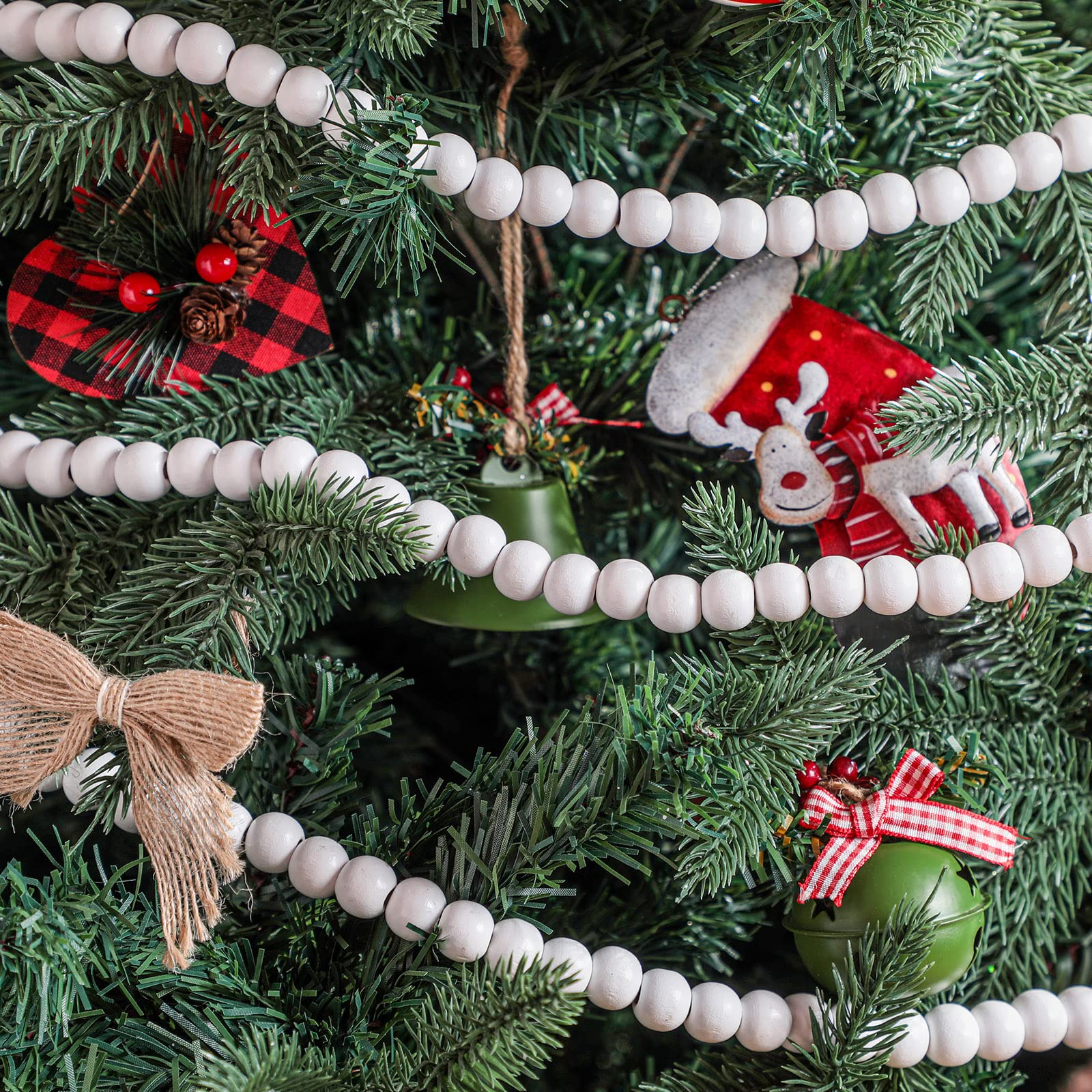 Giegxin Lot de 4 guirlandes de perles de Noël en bois pour sapin de Noël - Décoration d'intérieur rustique - Décoration murale bohème pour fêtes de Noël - 12,5 m (blanc)