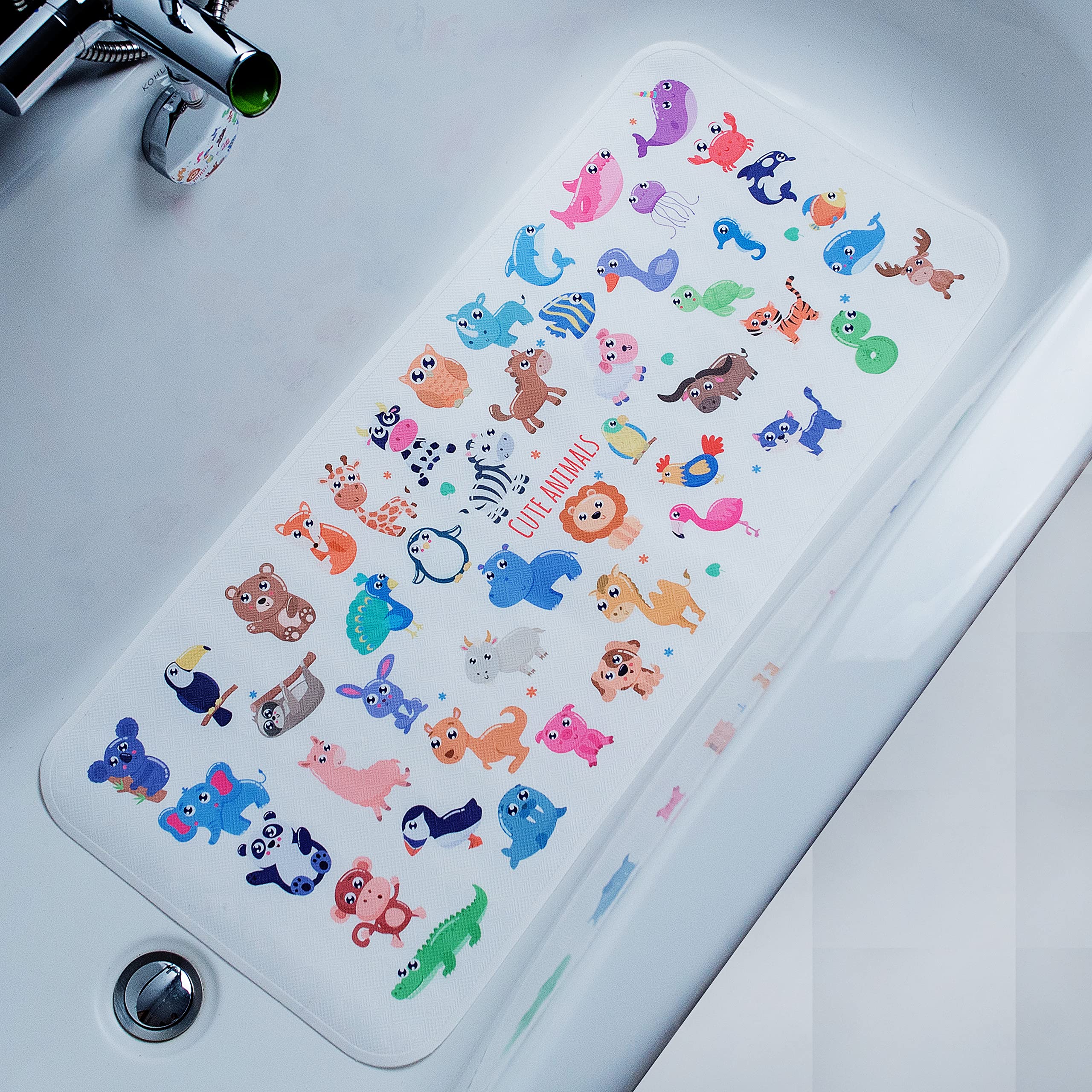 BEEHOMEE Bath Mats for Tub Kids - Large Cartoon Non-Slip Bathroom Bathtub Kid Mat for Baby Toddler Anti-Slip Shower Mats for Floor 35x16,Machine Washable XL Size Bathroom Mats (Animals Collections)