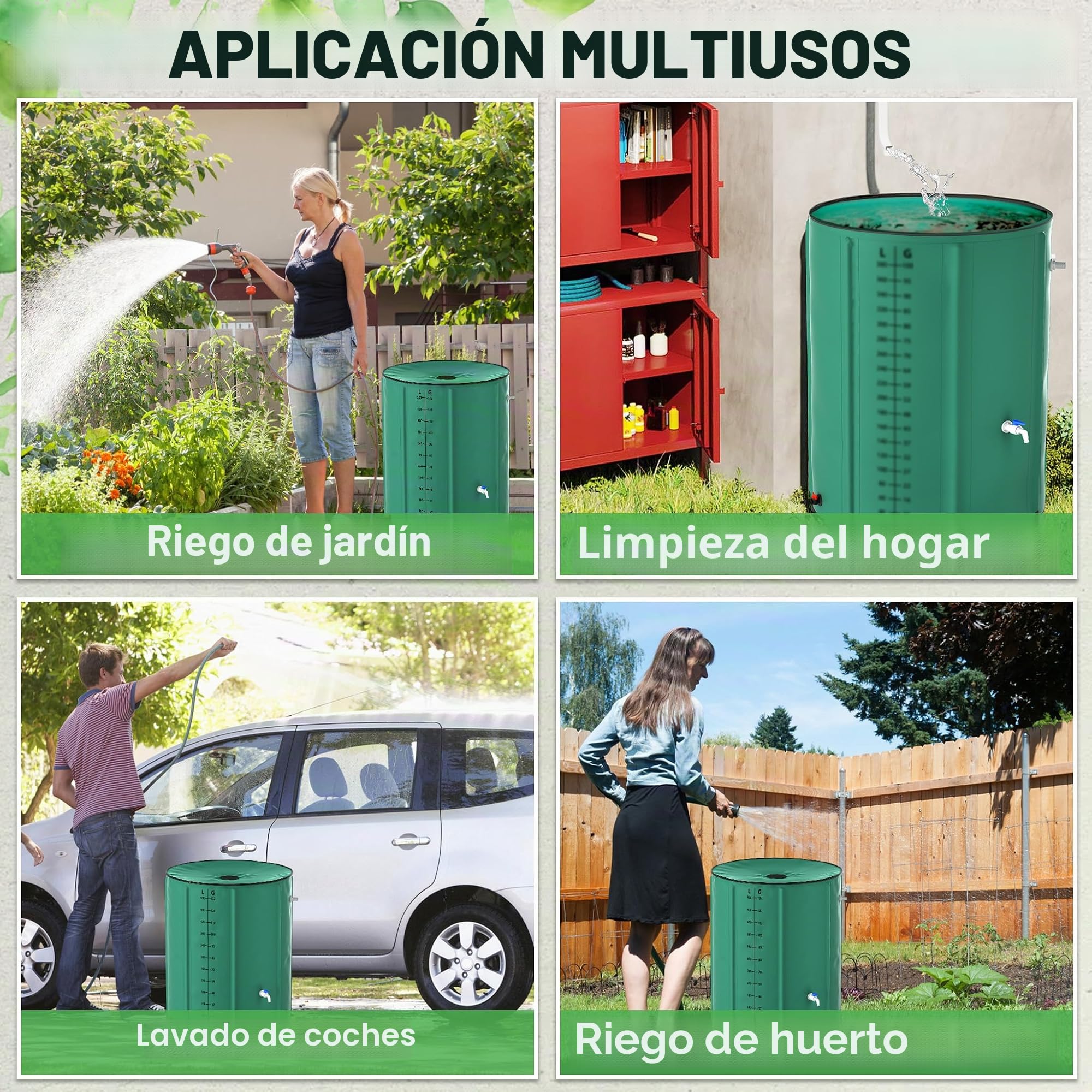 Aufun Plegable Barril de Agua de Lluvia, 200L Barril de Agua de Lluvia Tanque de Agua (Verde), AF-(HAG8570A-V) | Con válvula de drenaje y escala de volumen, fácil almacenamiento, inoxidable y resistente a la intemperie