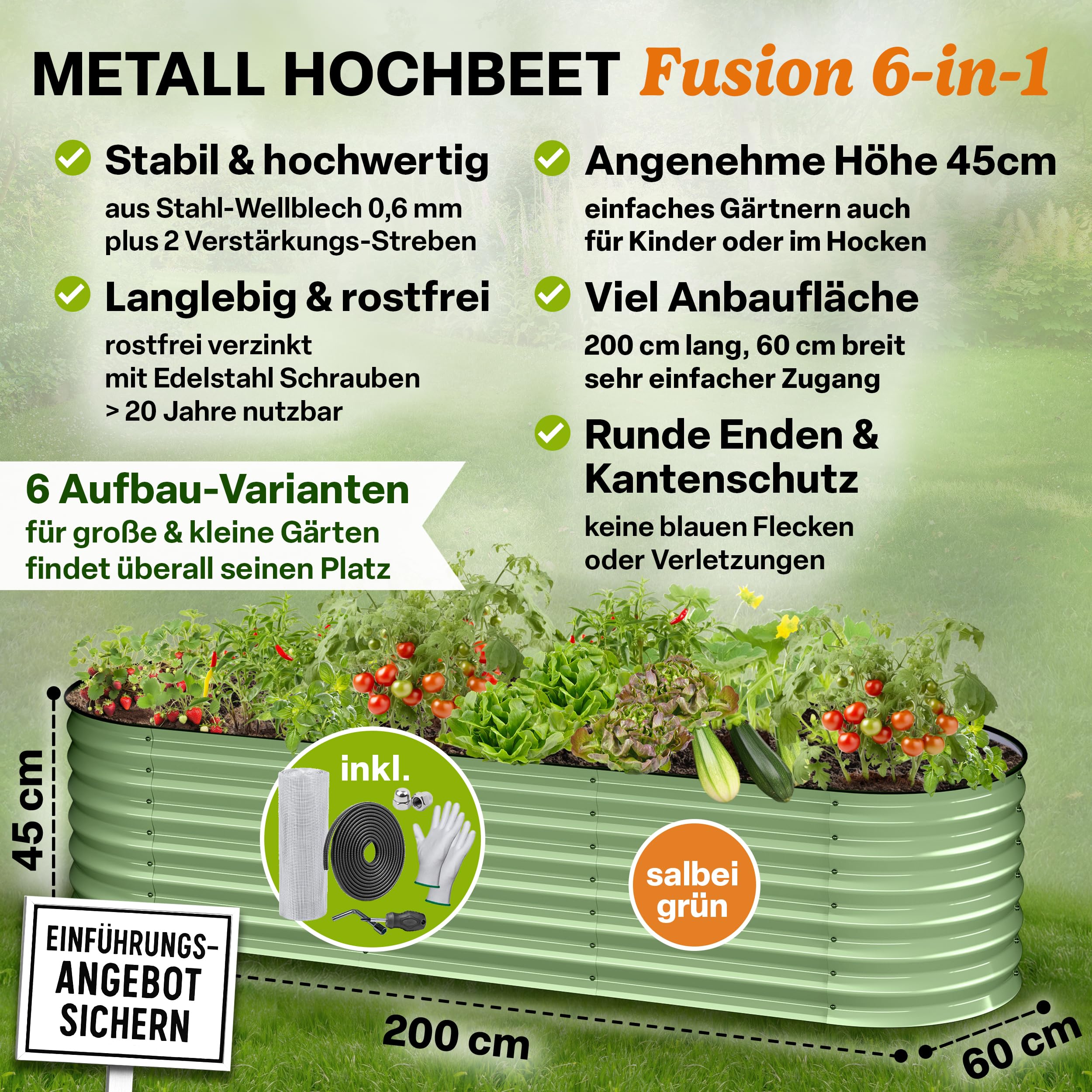 TTL GARDEN 200x60x45cm Metall Hochbeet Fusion 6-in-1 Salbei Grün - Stahl | - Rostfrei verzinkt & lackiert 45cm hoch 60cm breit Wellblech Form oval stabil Garten Beet Gemüse Kräuter Blumen Gartenbeet
